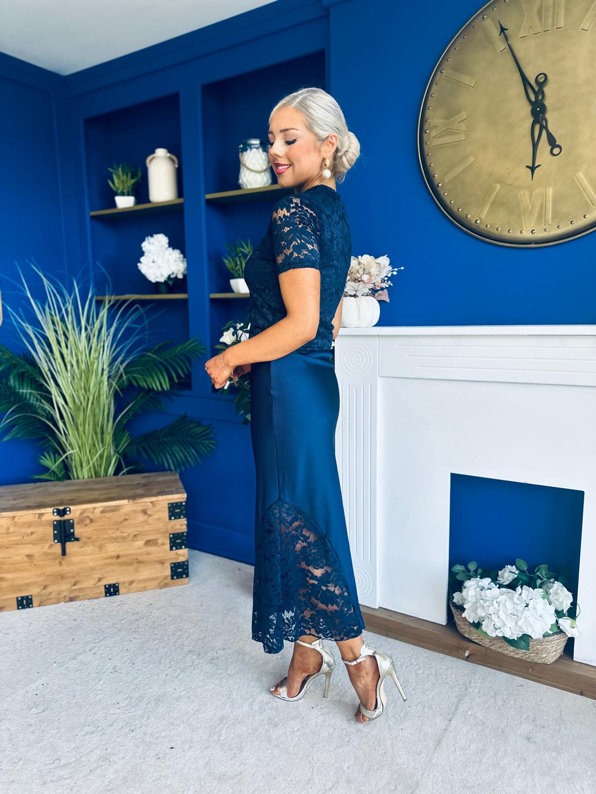 Hollie Detail Top & Satin Skirt Set Navy