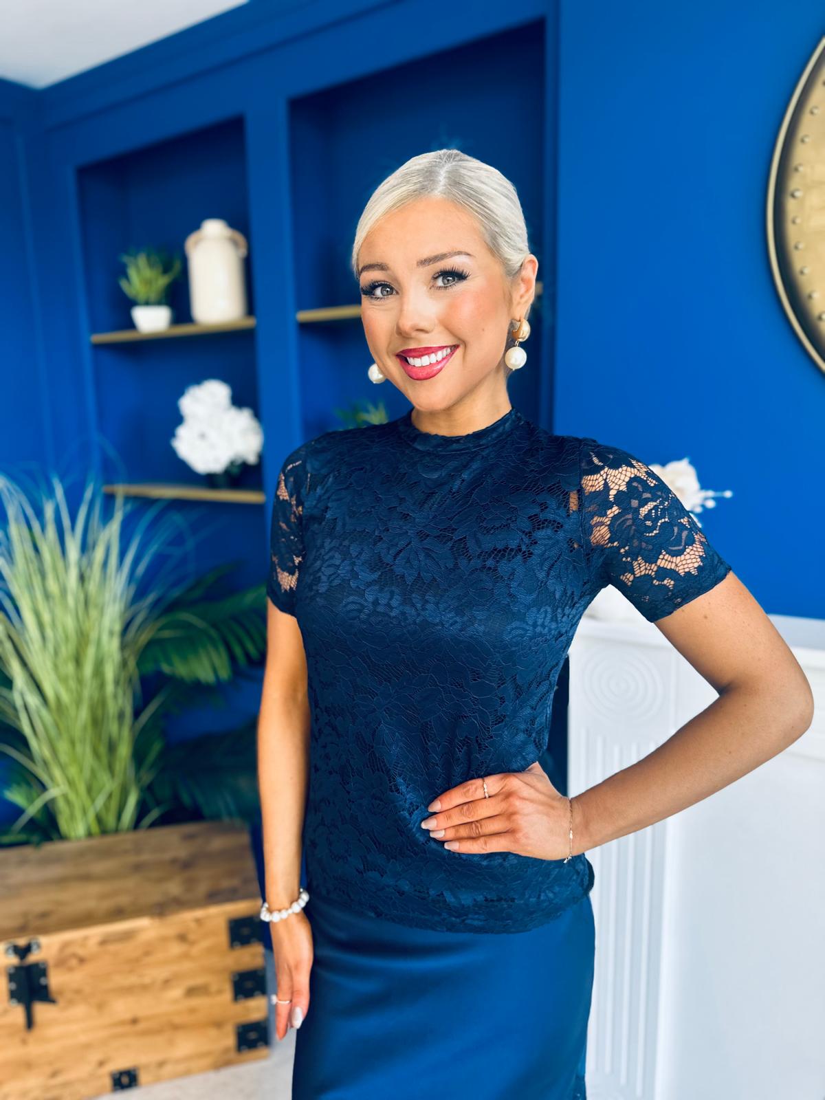 Hollie Detail Top & Satin Skirt Set Navy