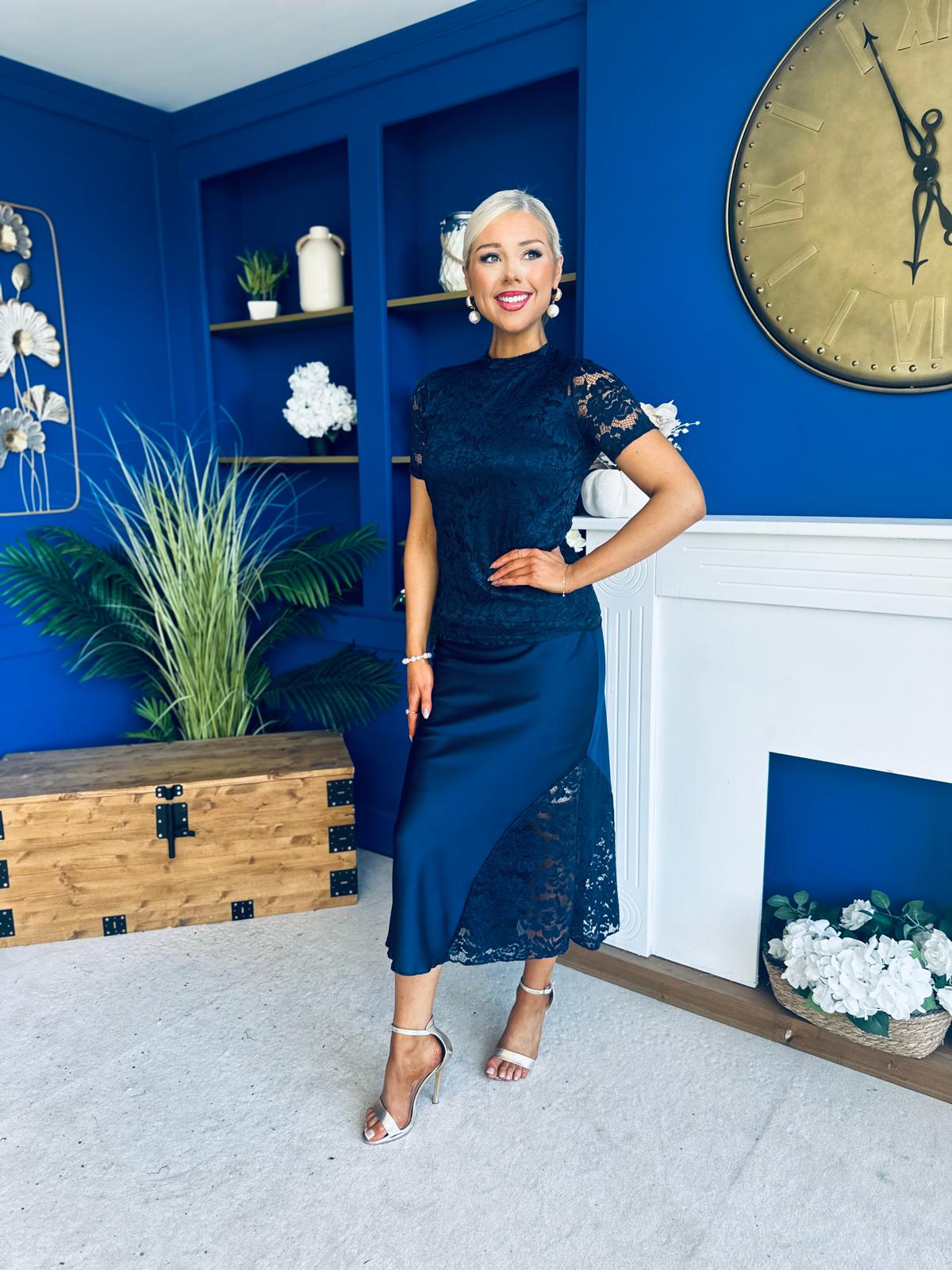 Hollie Detail Top & Satin Skirt Set Navy