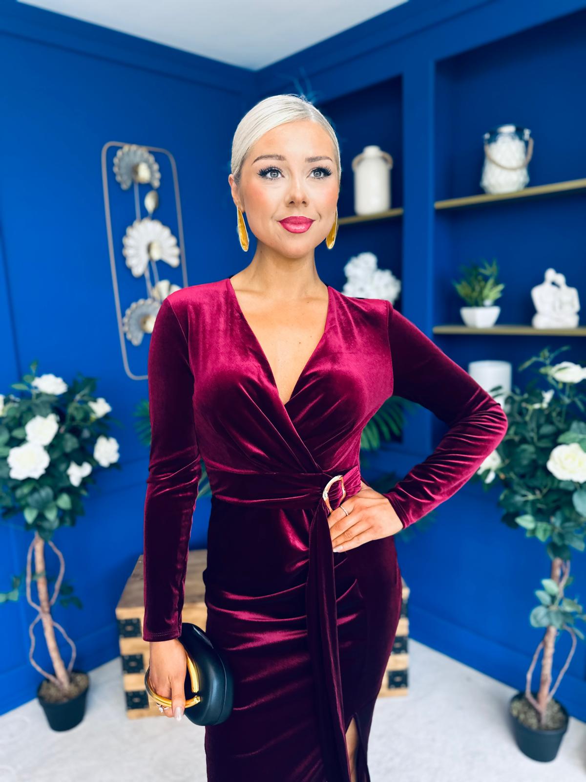 Annie Velvet Detailed Midi Dress Burgundy