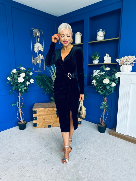 Annie Velvet Detailed Midi Dress Black