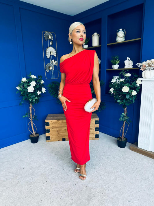 Myra Off Shoulder Draped Midi Dress Red