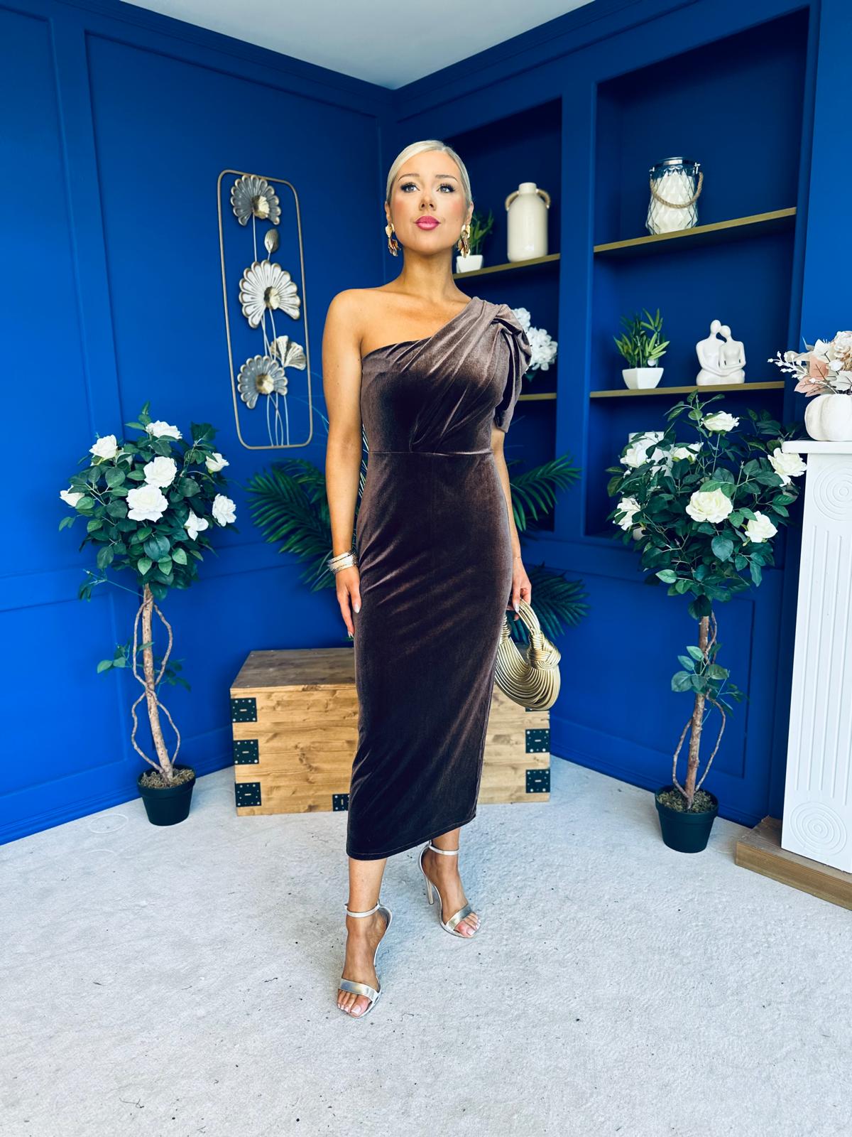 Nadia One Shoulder Velvet Occasion Dress Chocolate