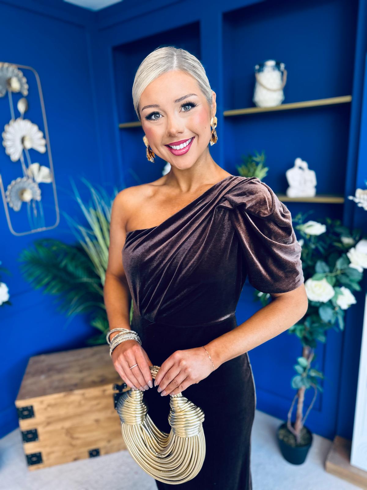 Nadia One Shoulder Velvet Occasion Dress Chocolate