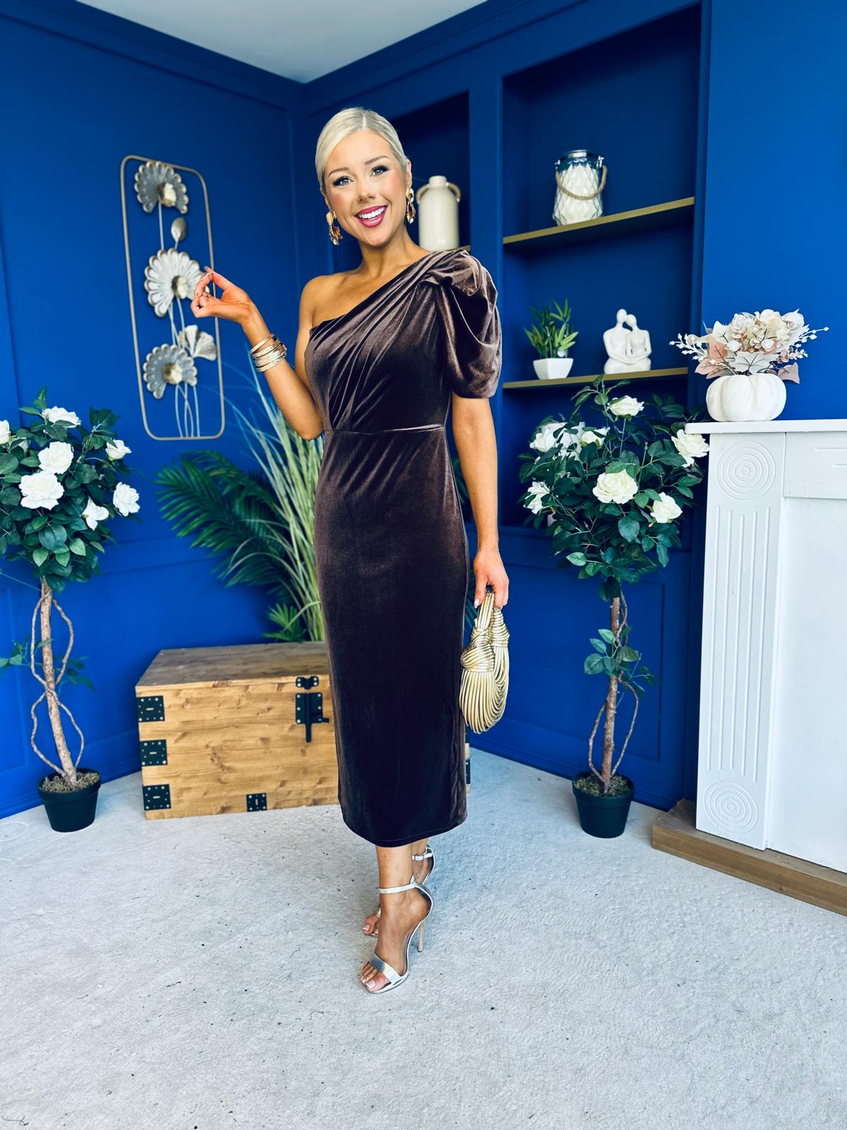 Nadia One Shoulder Velvet Occasion Dress Chocolate