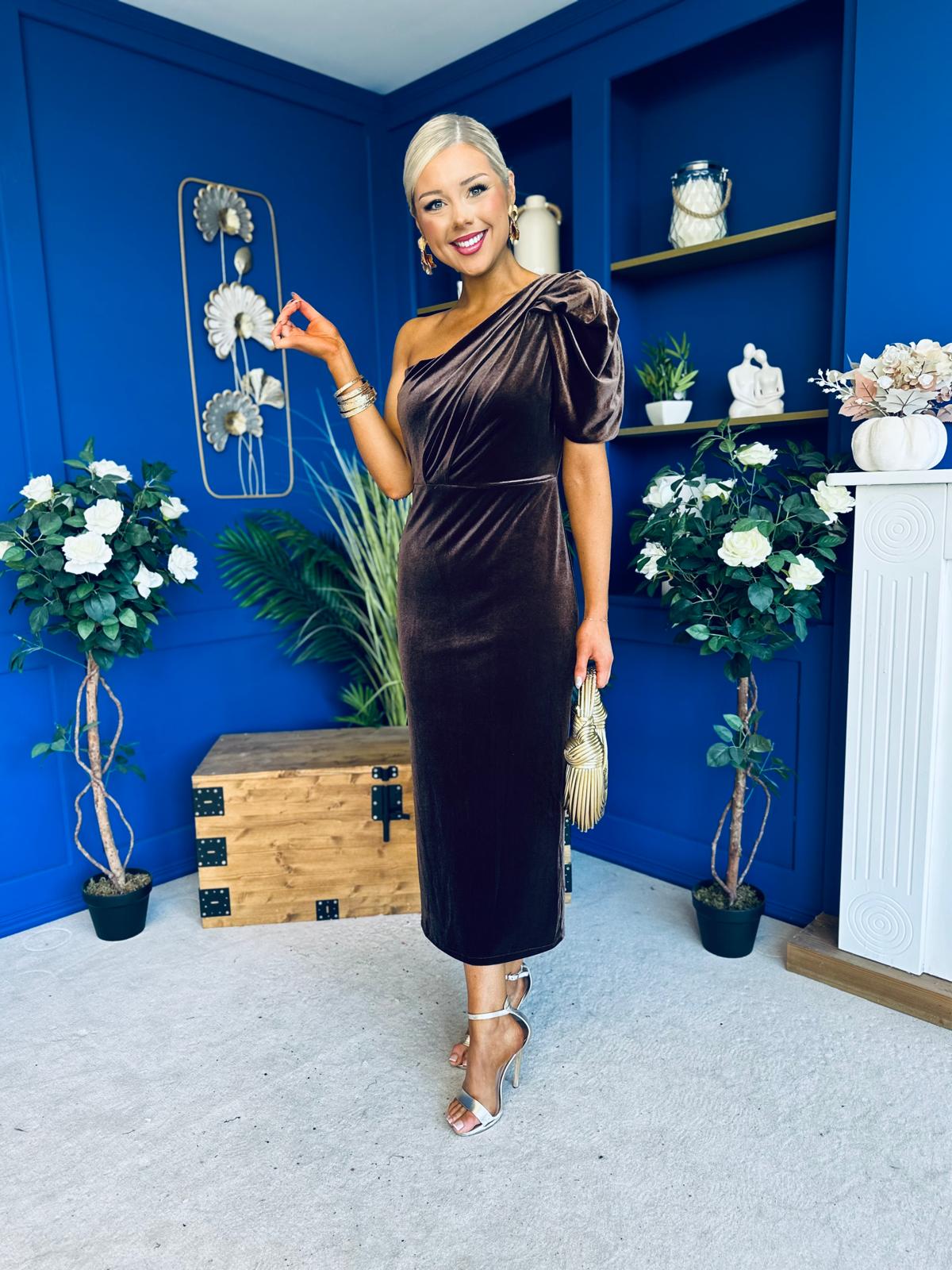 Nadia One Shoulder Velvet Occasion Dress Chocolate