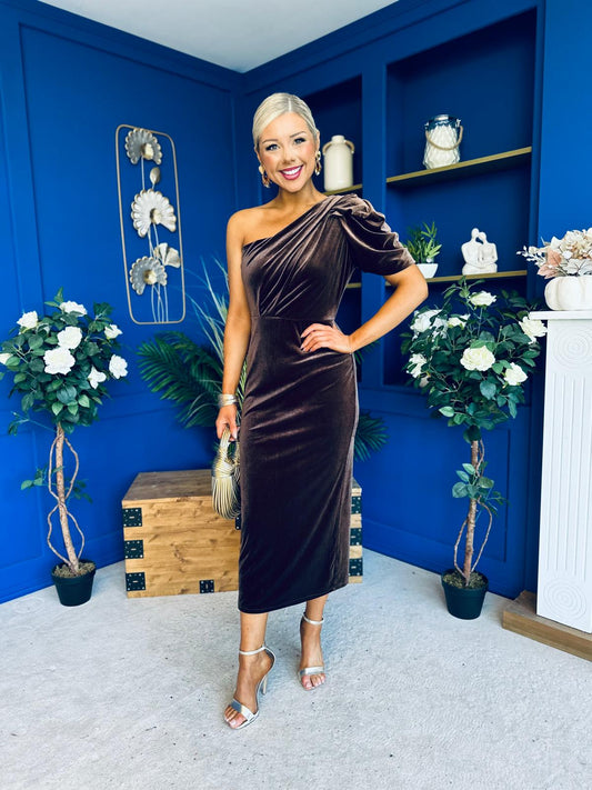 Nadia One Shoulder Velvet Occasion Dress Chocolate