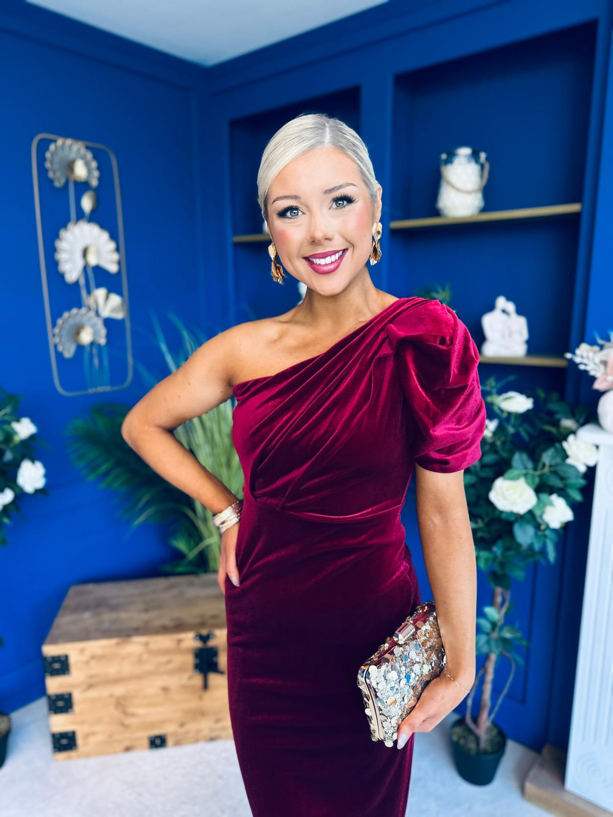 Nadia One Shoulder Velvet Occasion Dress Wine