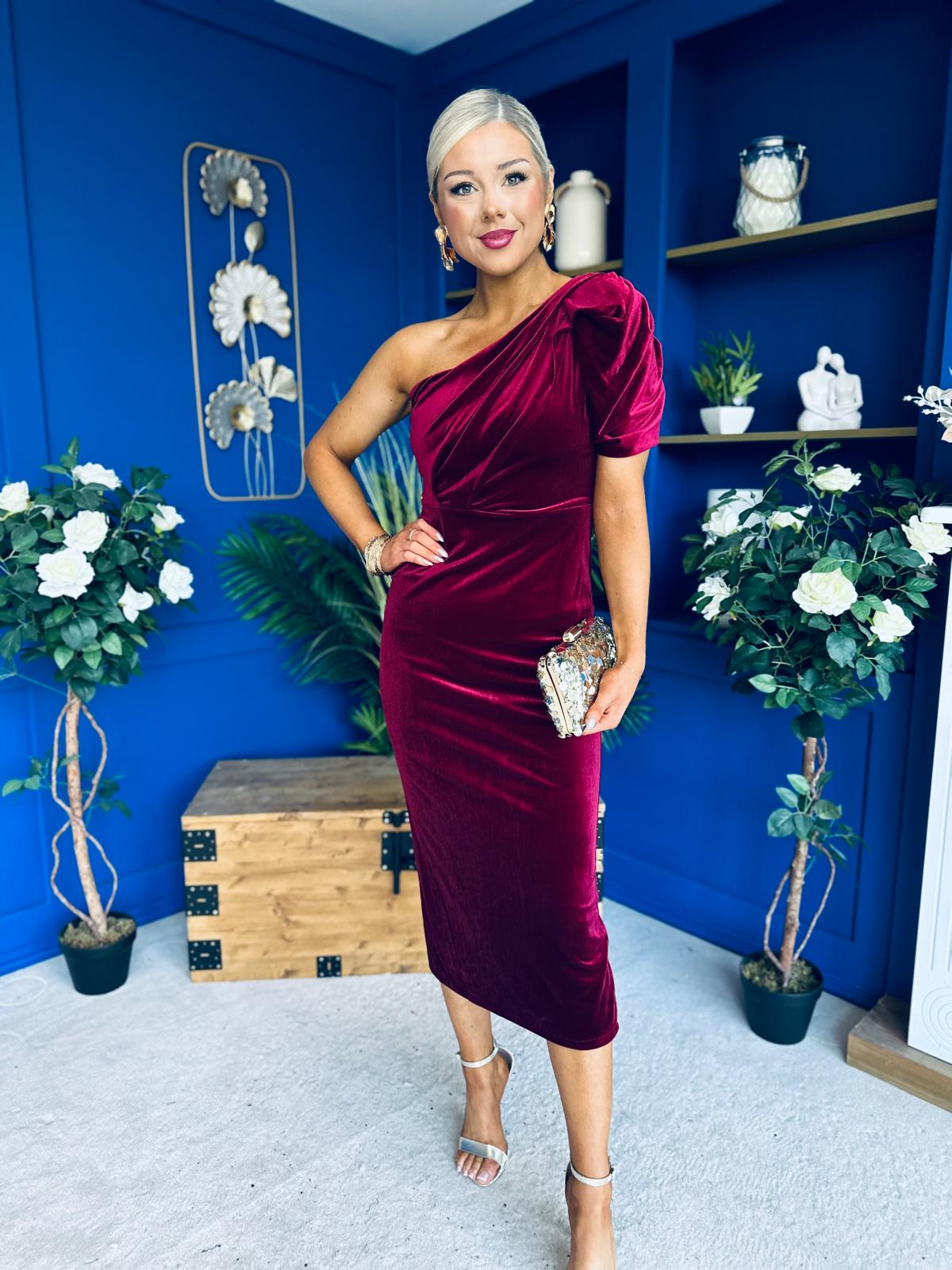 Nadia One Shoulder Velvet Occasion Dress Wine