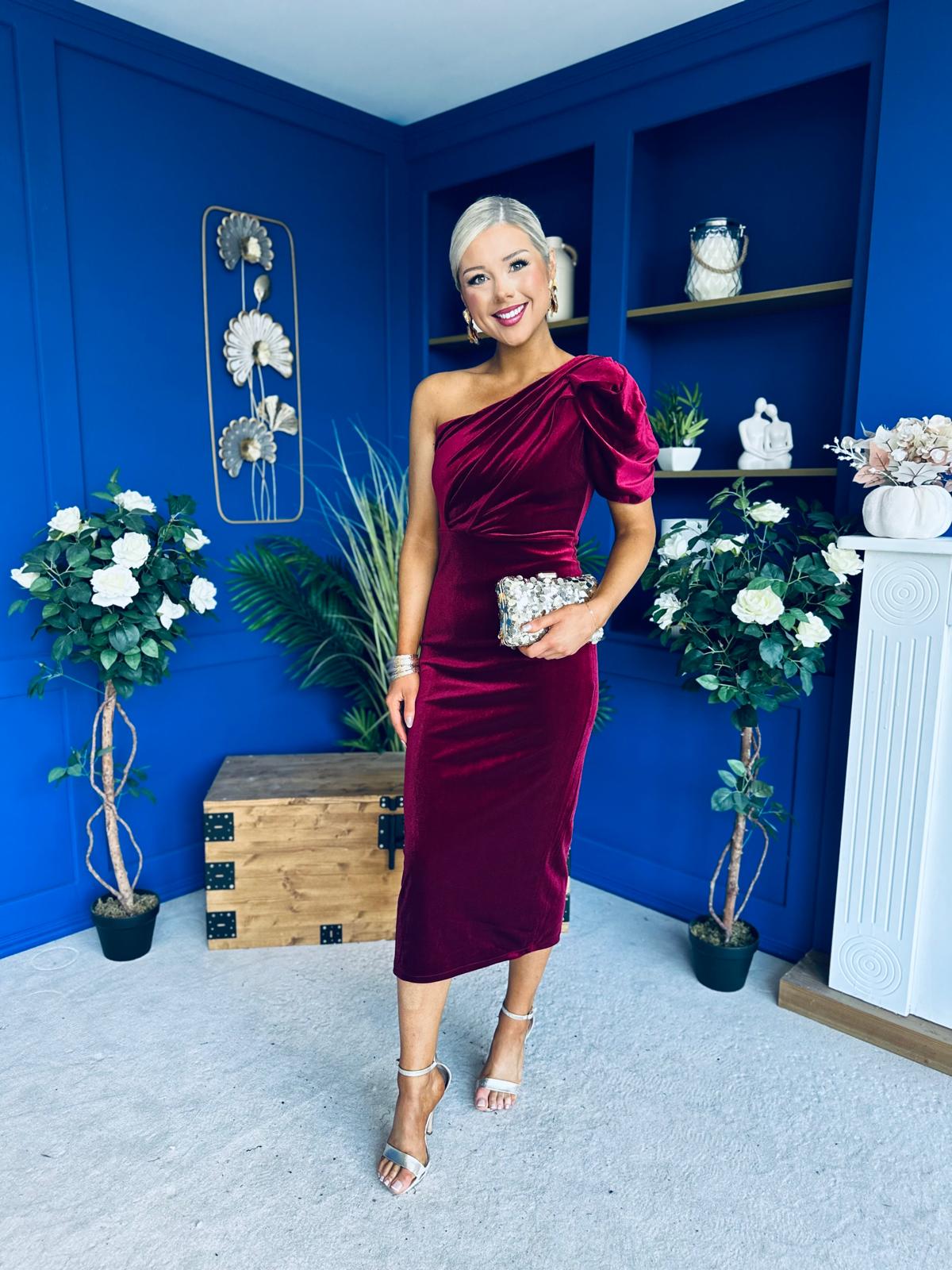 Nadia One Shoulder Velvet Occasion Dress Wine