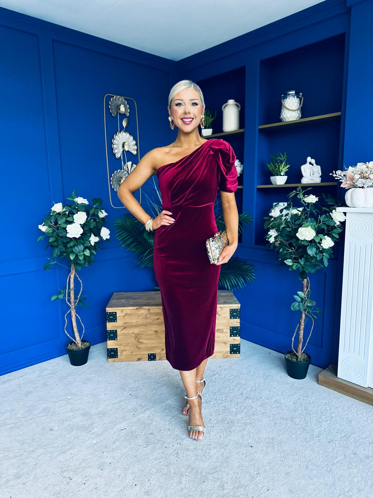 Nadia One Shoulder Velvet Occasion Dress Wine