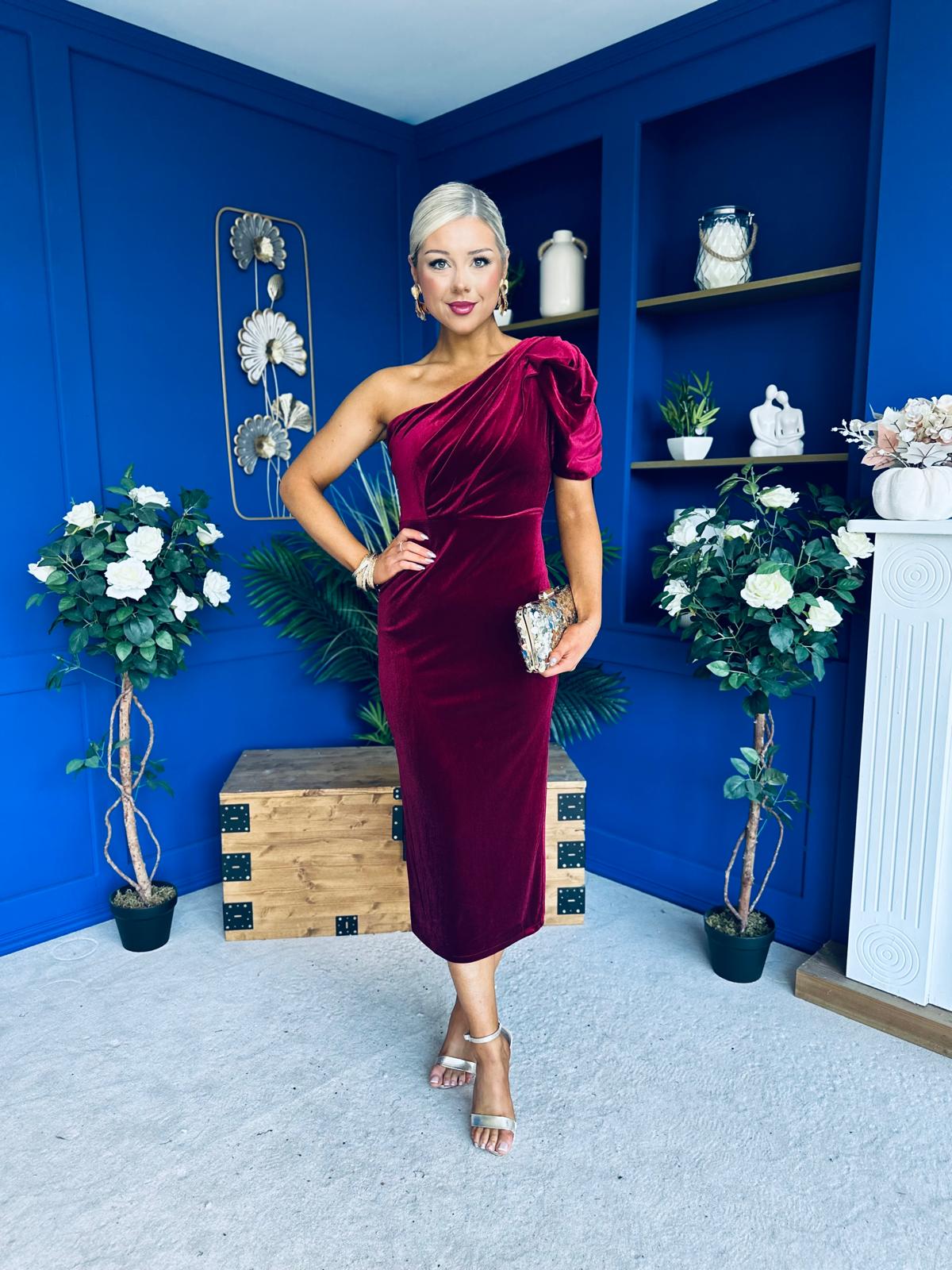 Nadia One Shoulder Velvet Occasion Dress Wine