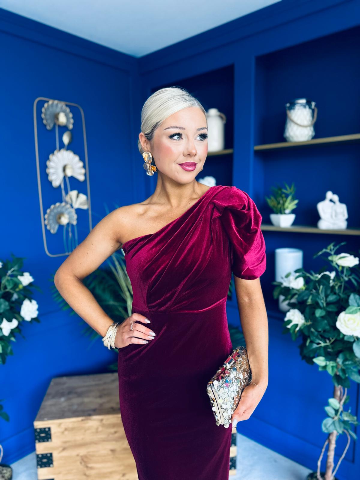 Nadia One Shoulder Velvet Occasion Dress Wine