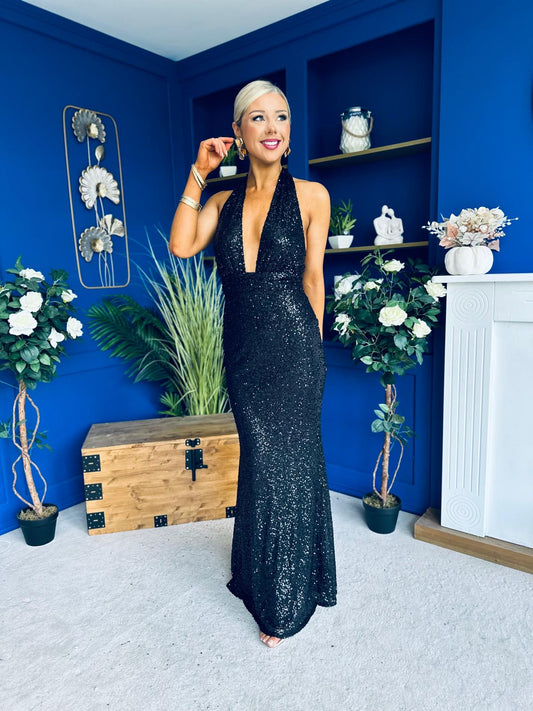 Gayle Sequin Halterneck Maxi Dress Black