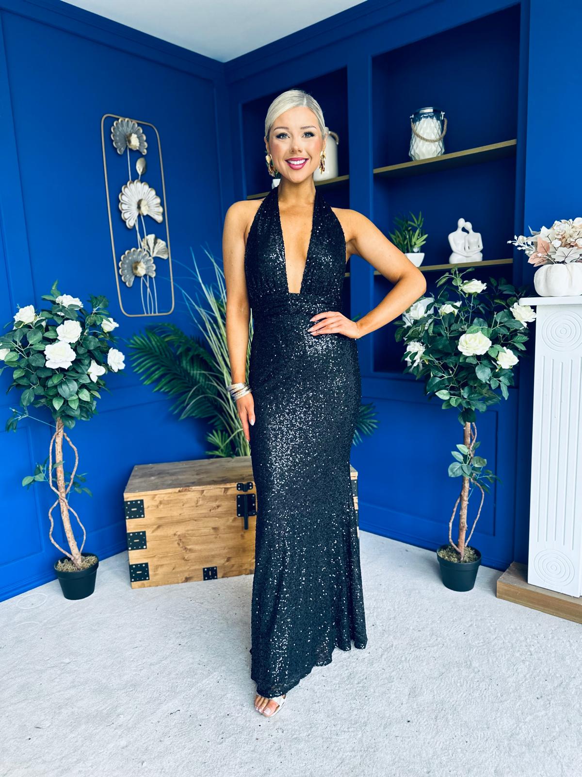 Gayle Sequin Halterneck Maxi Dress Black