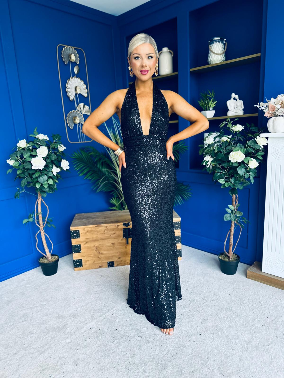 Gayle Sequin Halterneck Maxi Dress Black