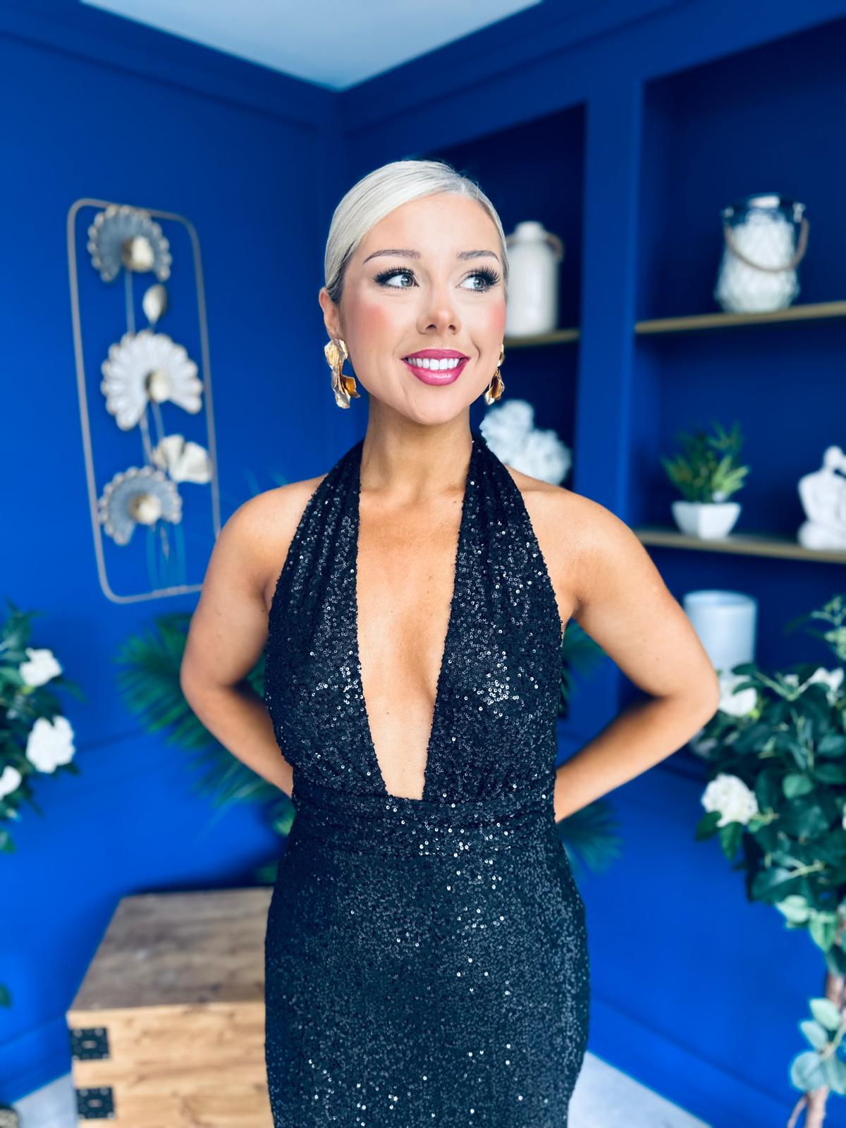 Gayle Sequin Halterneck Maxi Dress Black