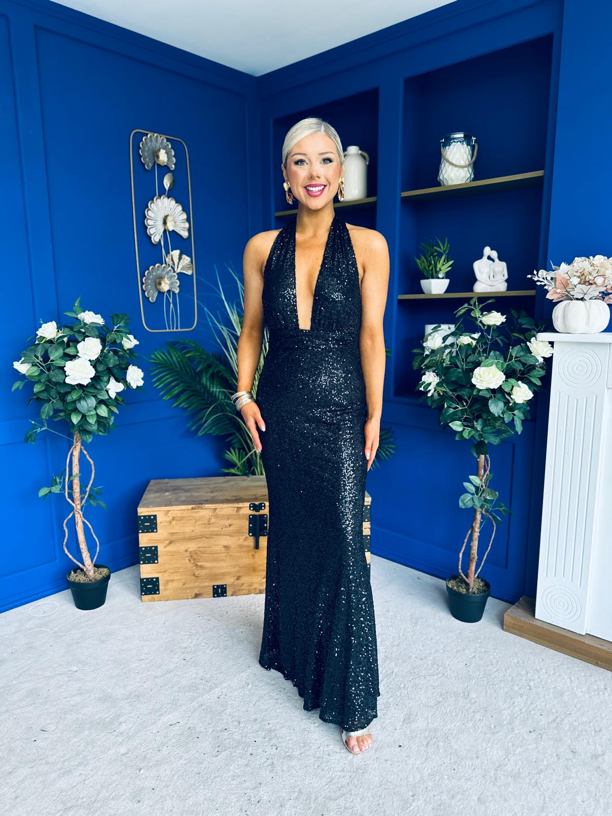 Gayle Sequin Halterneck Maxi Dress Black