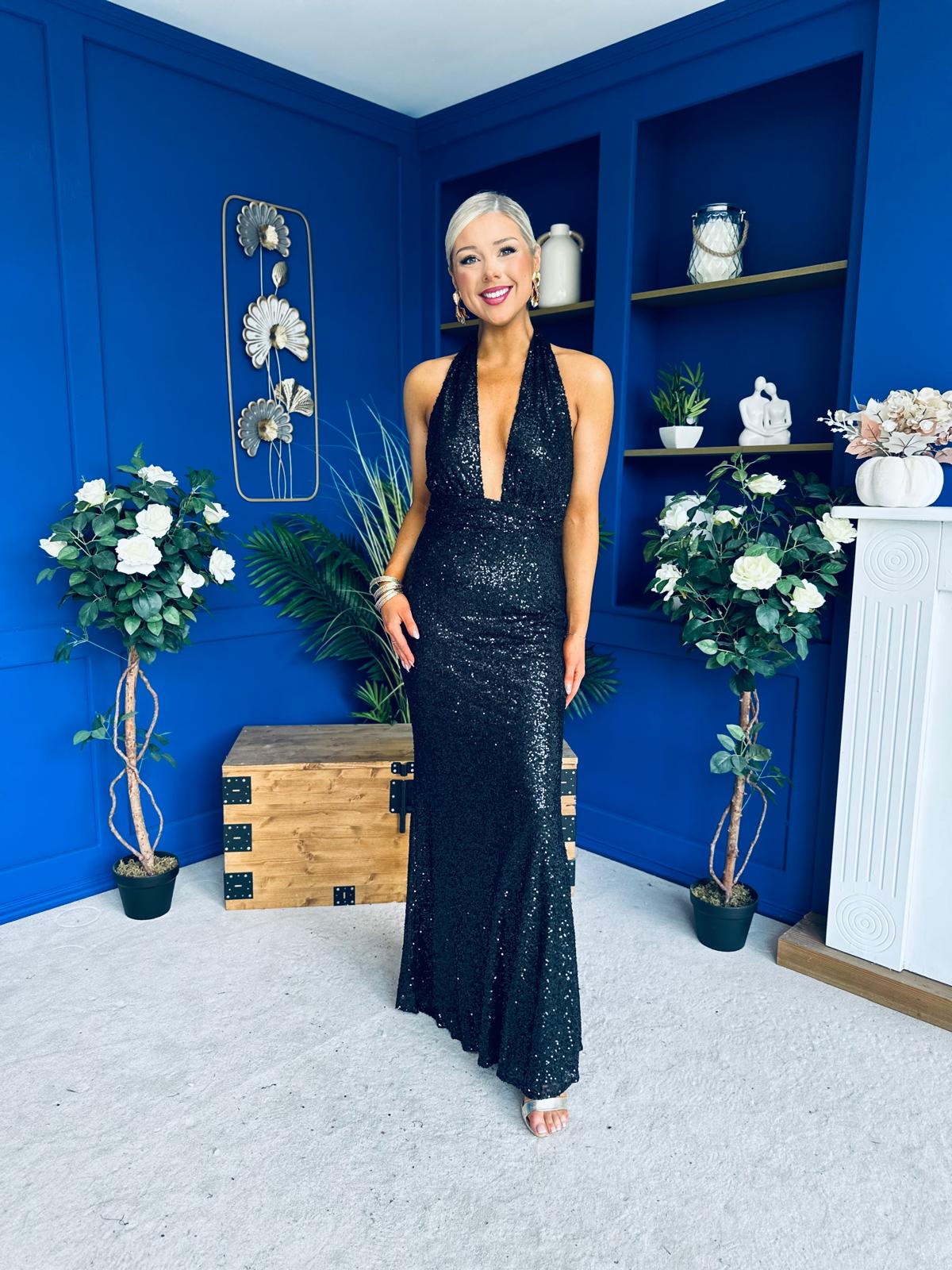 Gayle Sequin Halterneck Maxi Dress Black