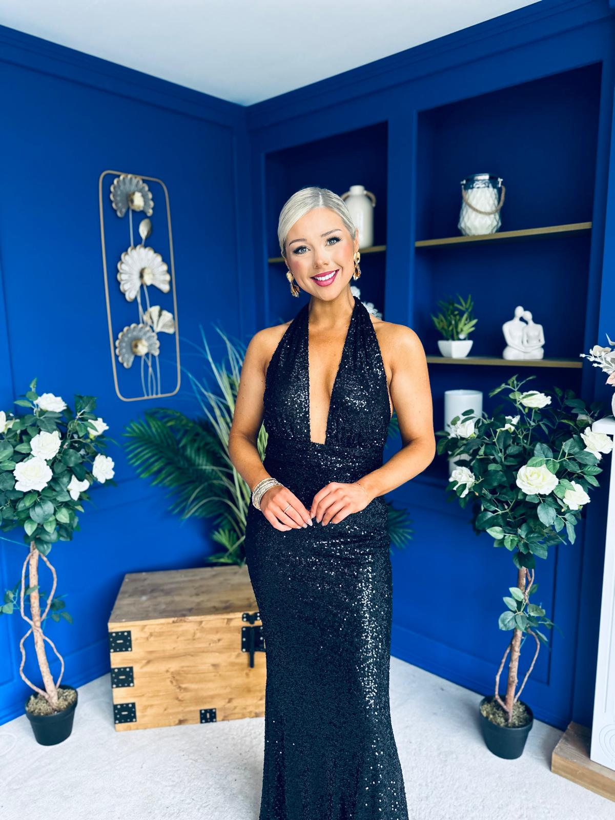 Gayle Sequin Halterneck Maxi Dress Black