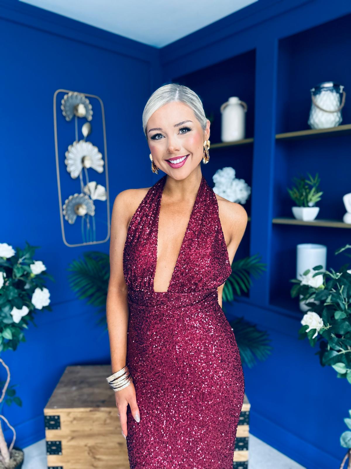 Gayle Sequin Halterneck Maxi Dress Wine