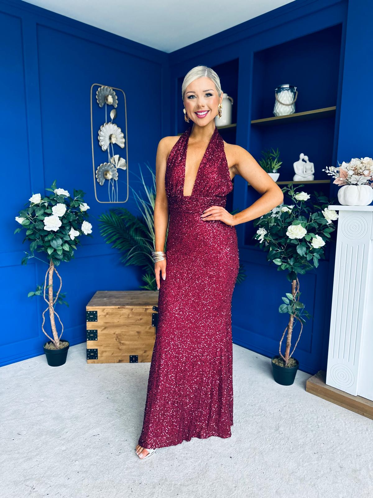 Gayle Sequin Halterneck Maxi Dress Wine