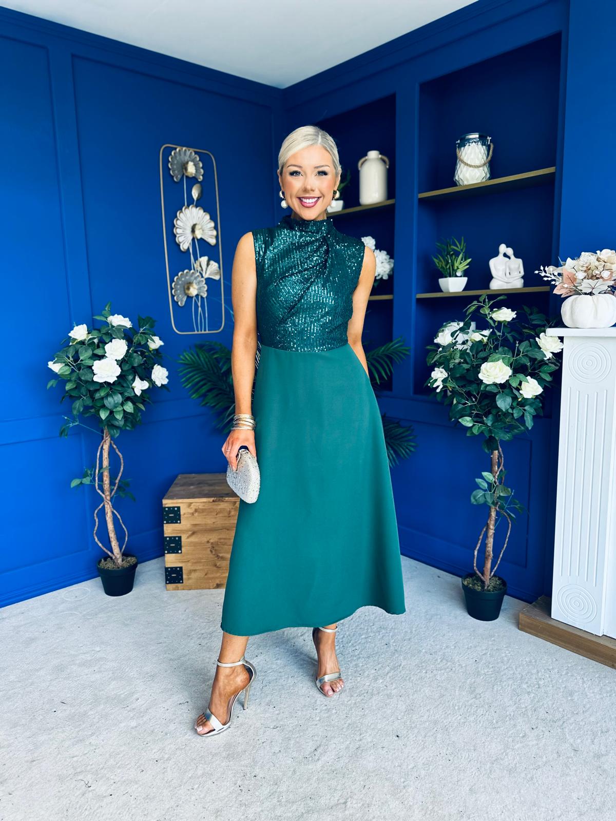 Annabel Sequin Occasion Midi Dress Forest