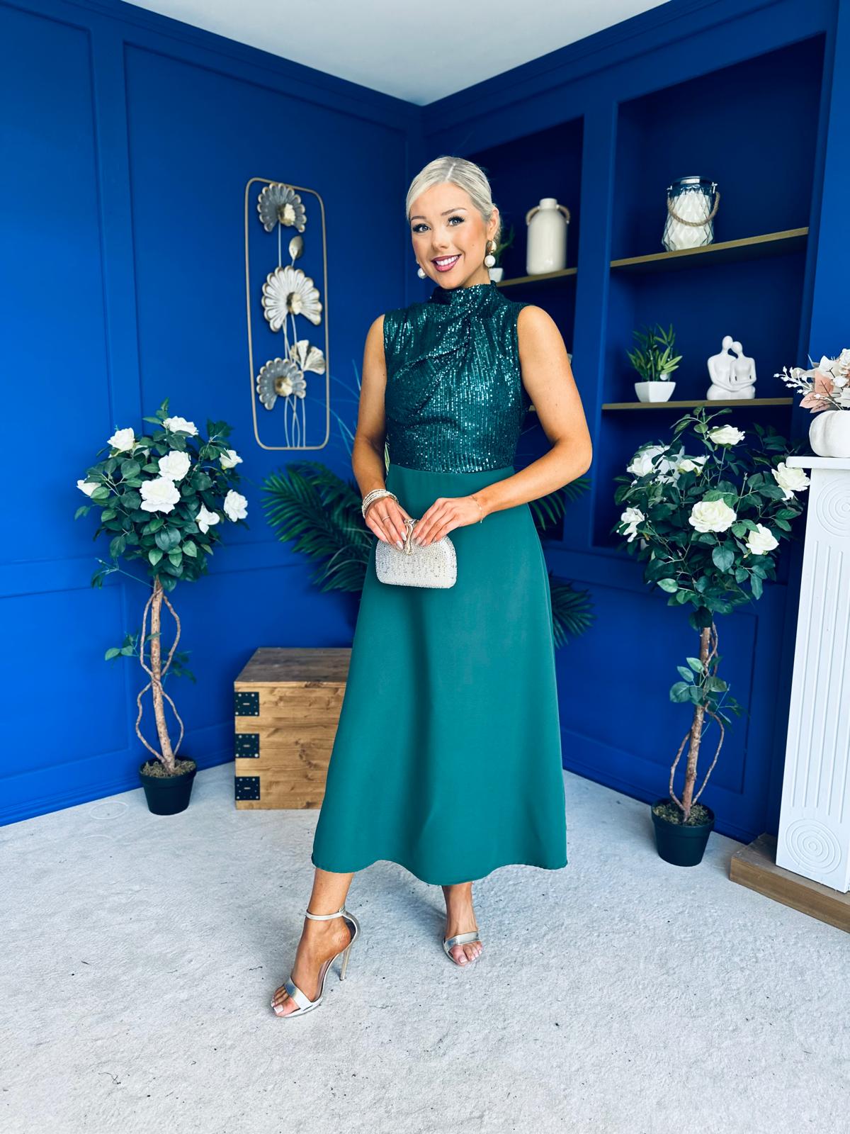 Annabel Sequin Occasion Midi Dress Forest