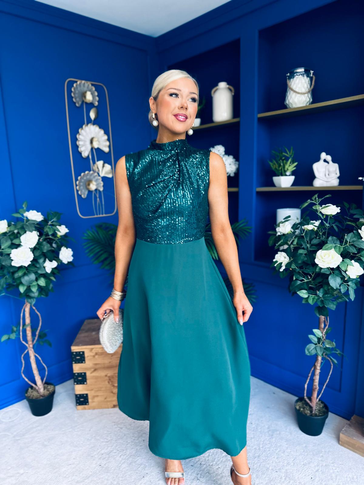 Annabel Sequin Occasion Midi Dress Forest