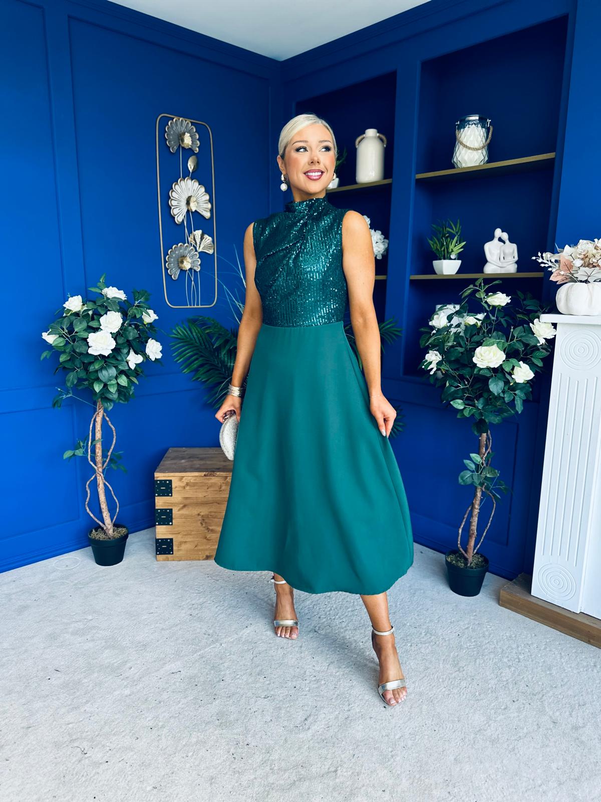 Annabel Sequin Occasion Midi Dress Forest