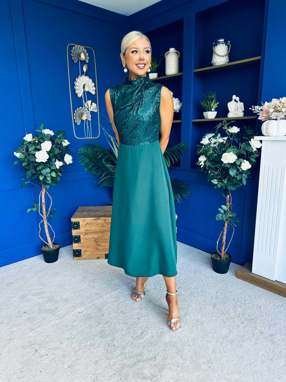 Annabel Sequin Occasion Midi Dress Forest