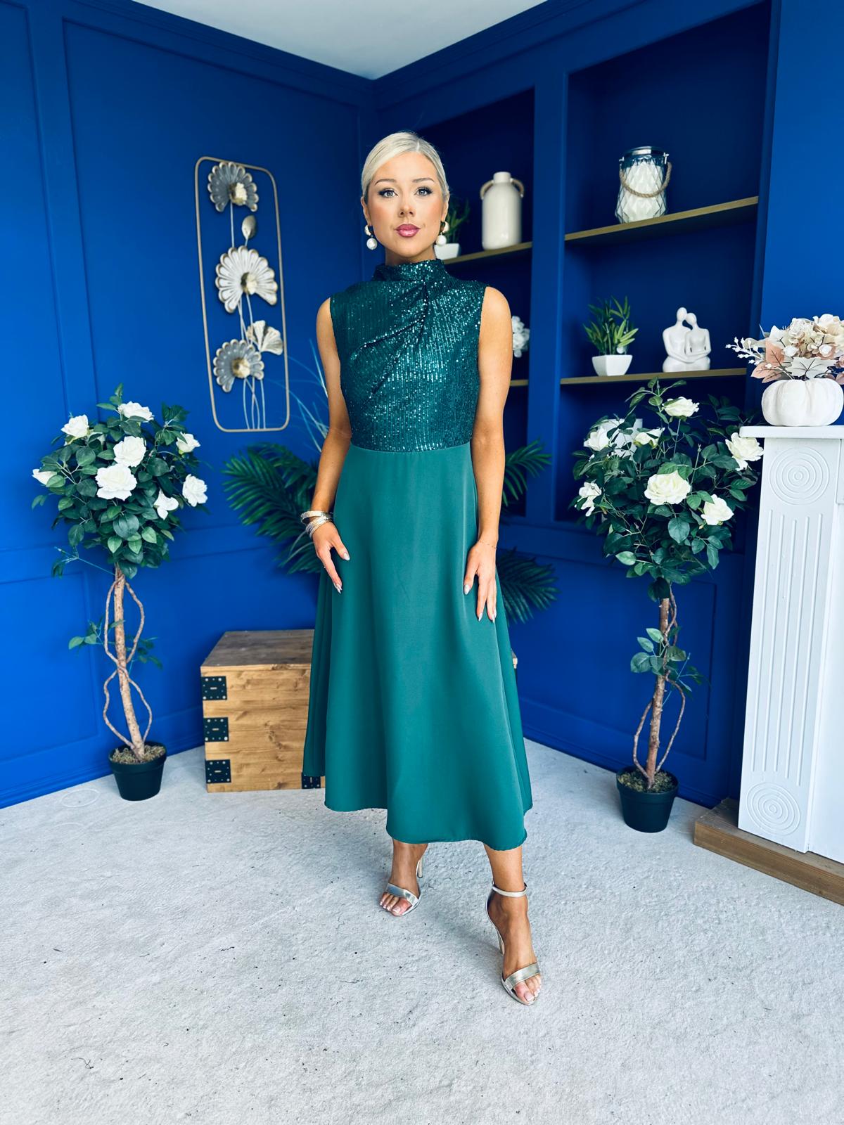 Annabel Sequin Occasion Midi Dress Forest