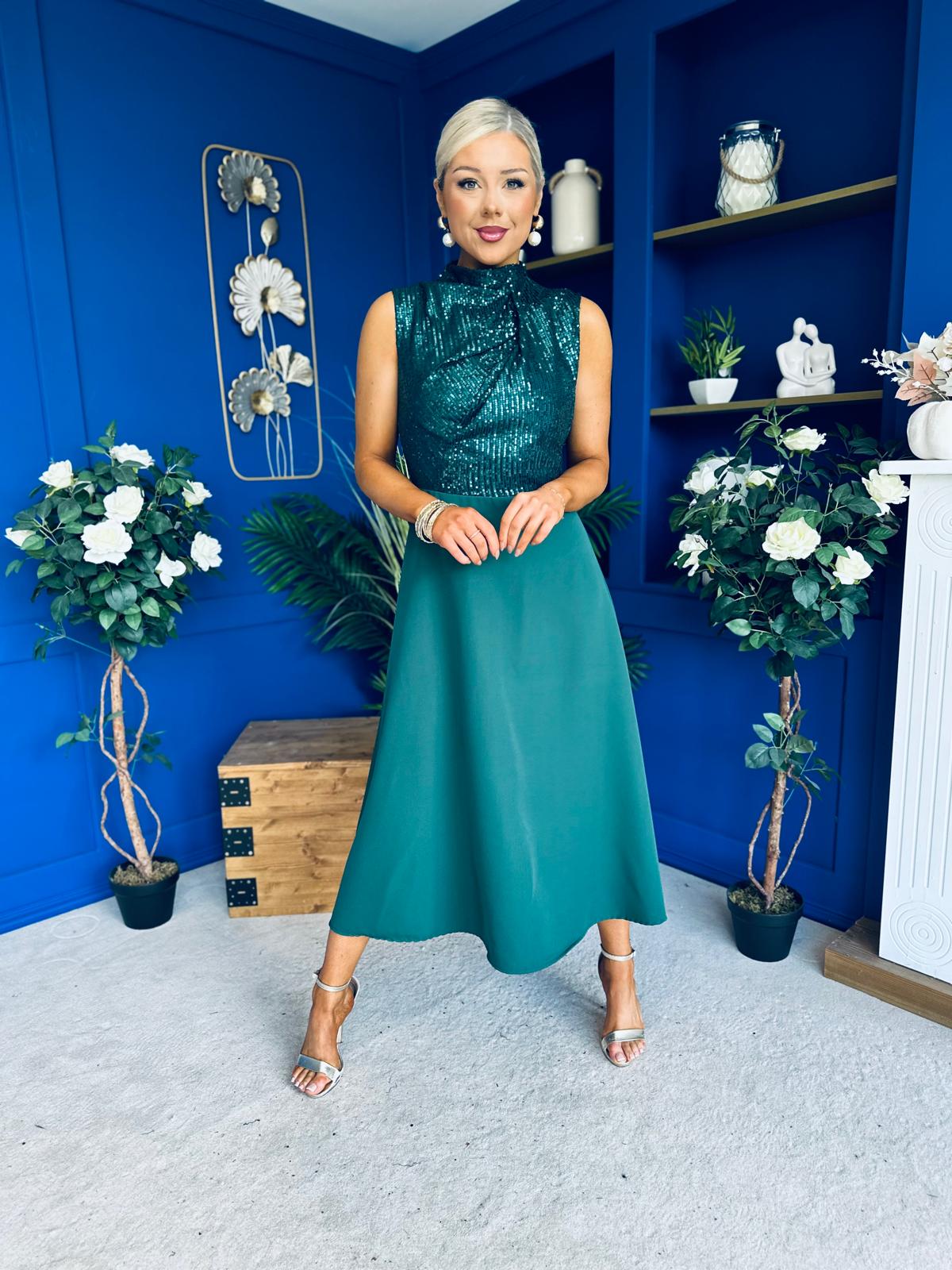 Annabel Sequin Occasion Midi Dress Forest