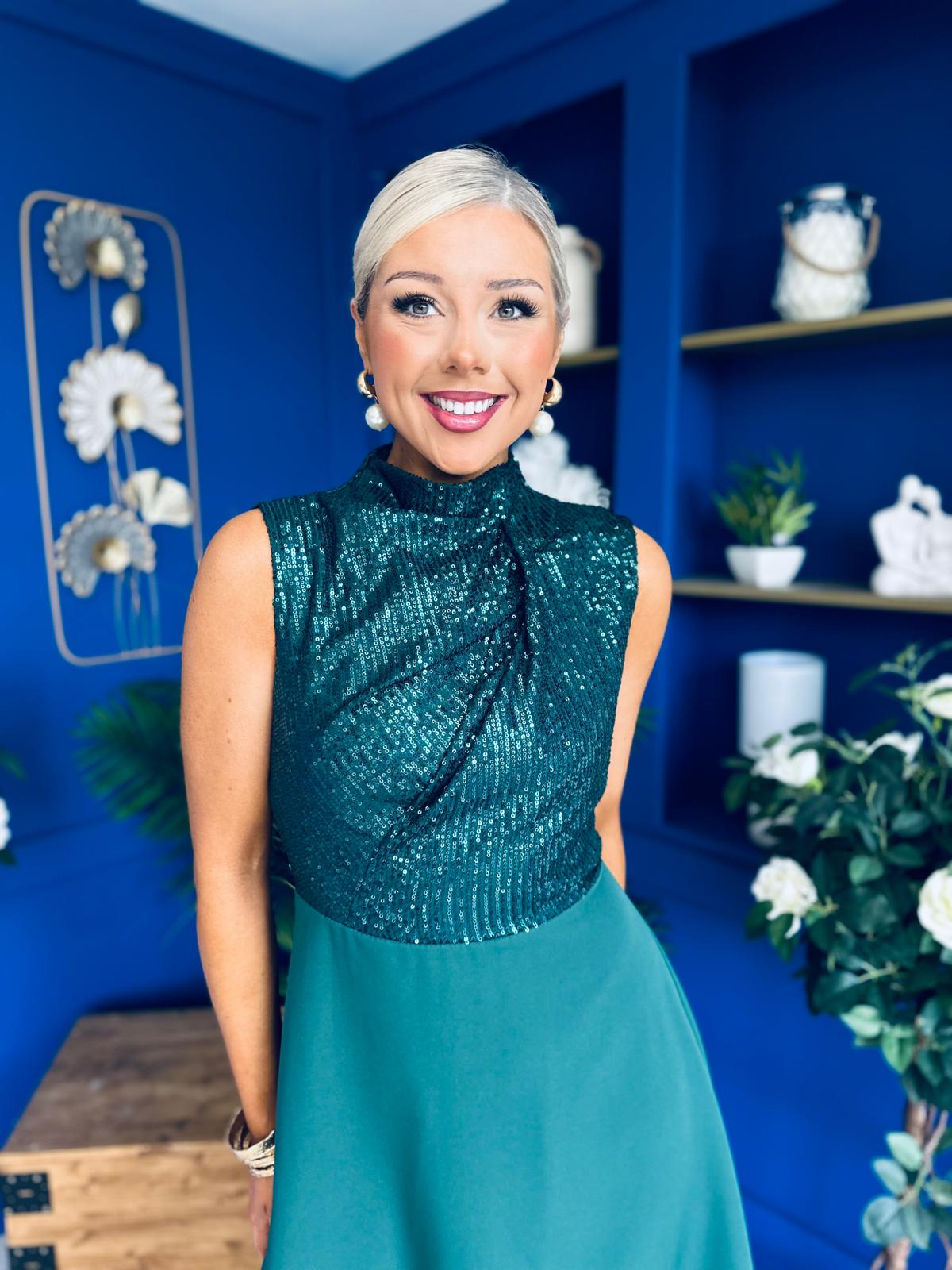 Annabel Sequin Occasion Midi Dress Forest