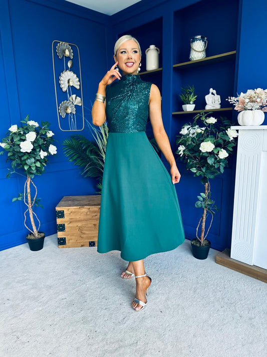 Annabel Sequin Occasion Midi Dress Forest