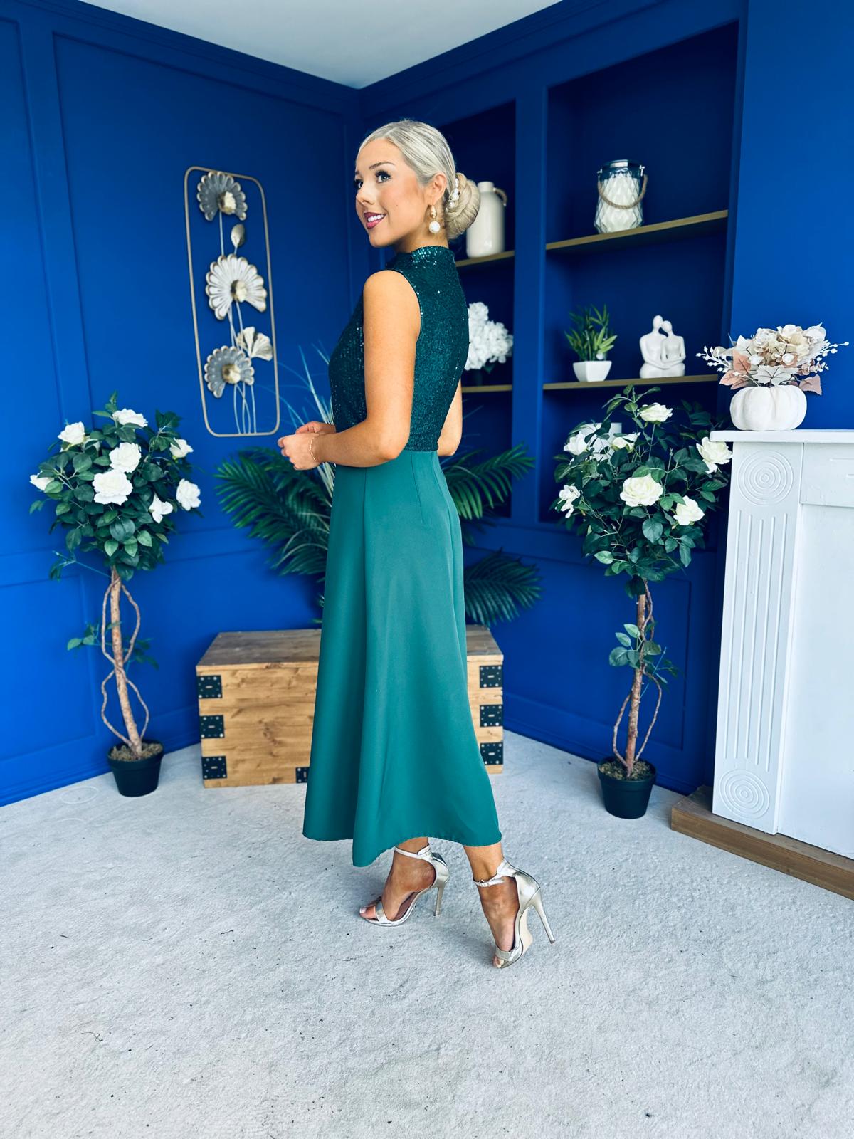 Annabel Sequin Occasion Midi Dress Forest