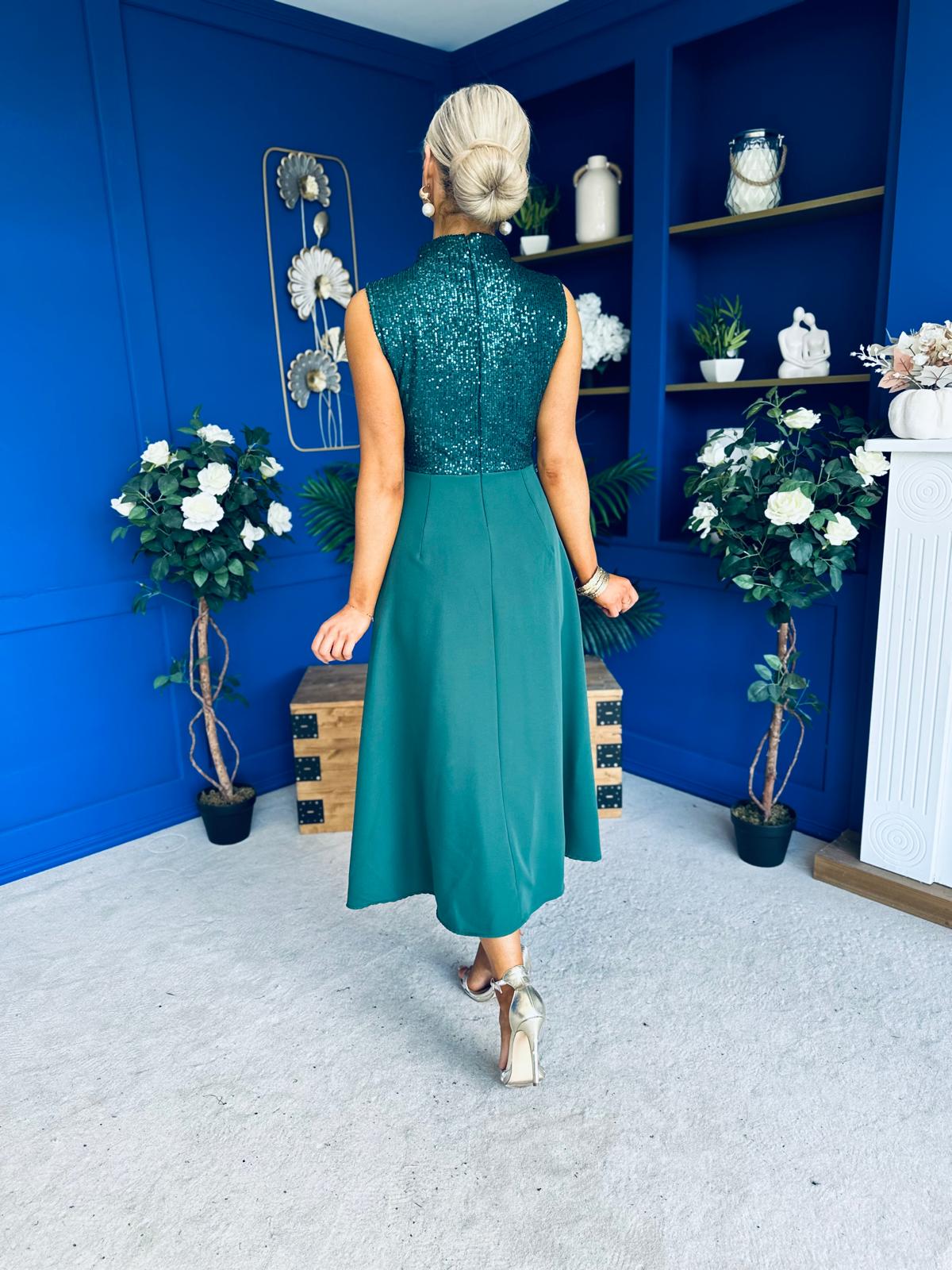 Annabel Sequin Occasion Midi Dress Forest