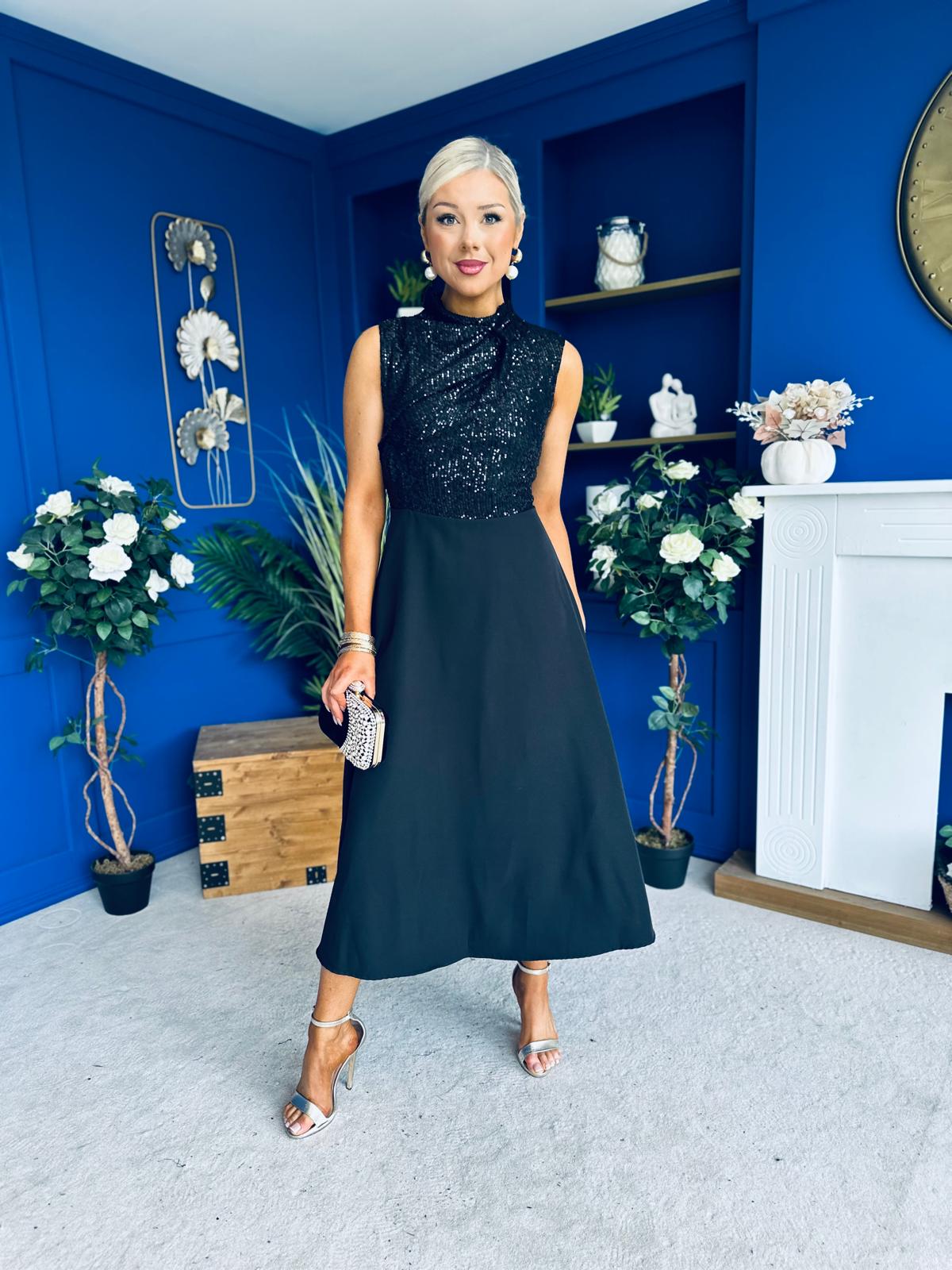 Annabel Sequin Occasion Midi Dress Black