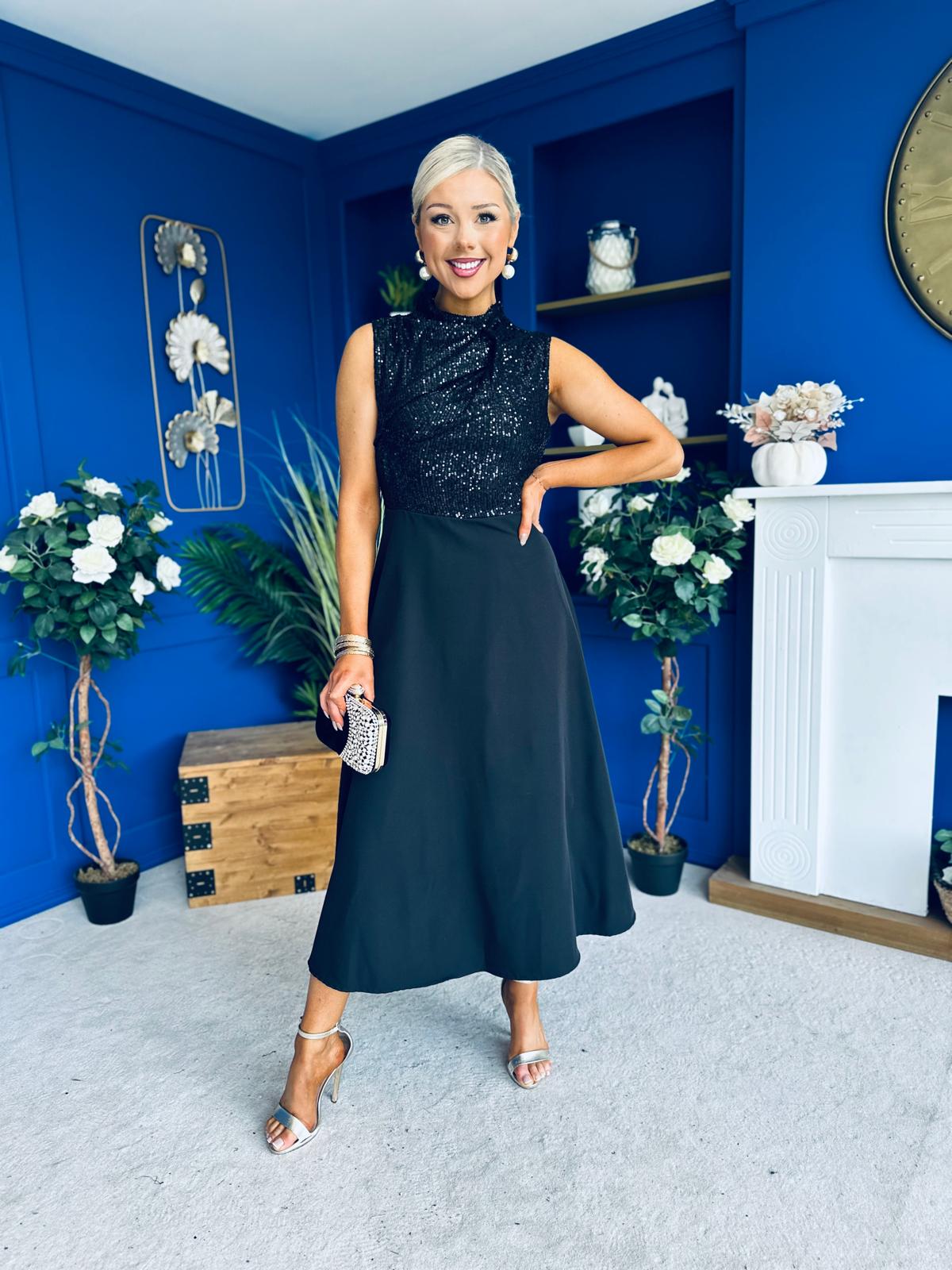 Annabel Sequin Occasion Midi Dress Black