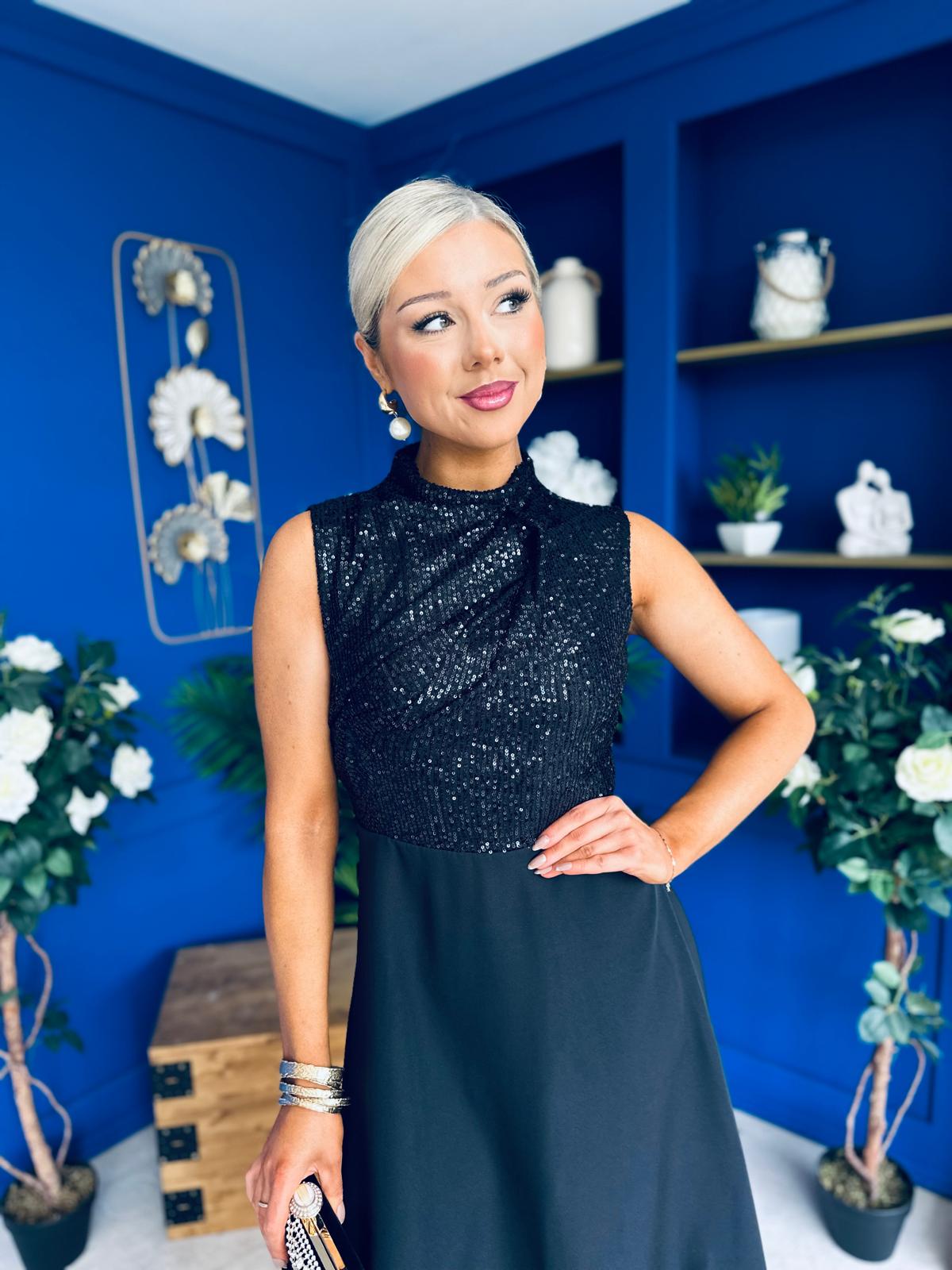 Annabel Sequin Occasion Midi Dress Black