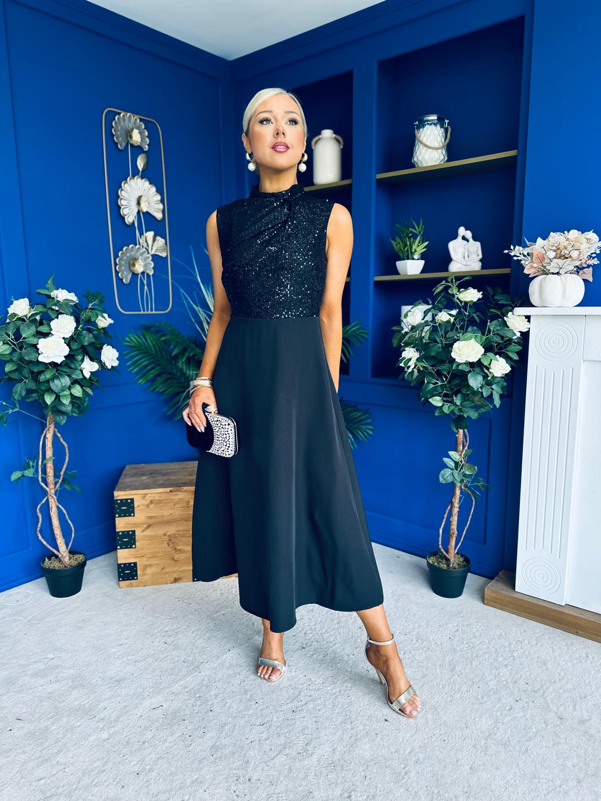 Annabel Sequin Occasion Midi Dress Black