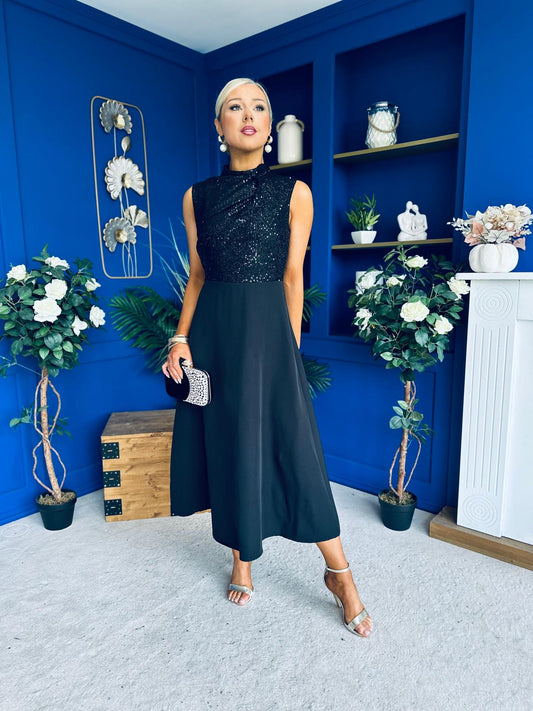 Annabel Sequin Occasion Midi Dress Black