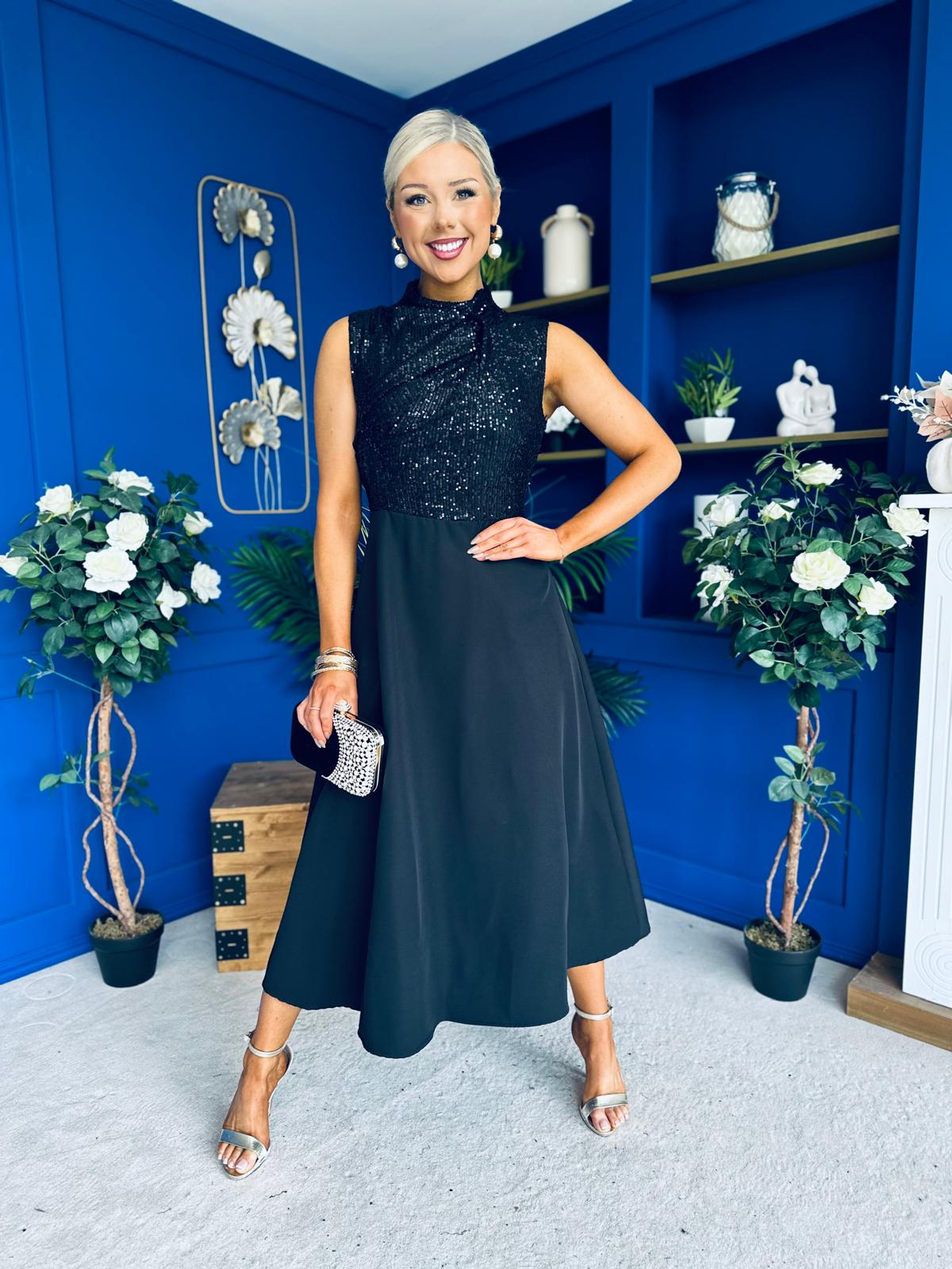 Annabel Sequin Occasion Midi Dress Black