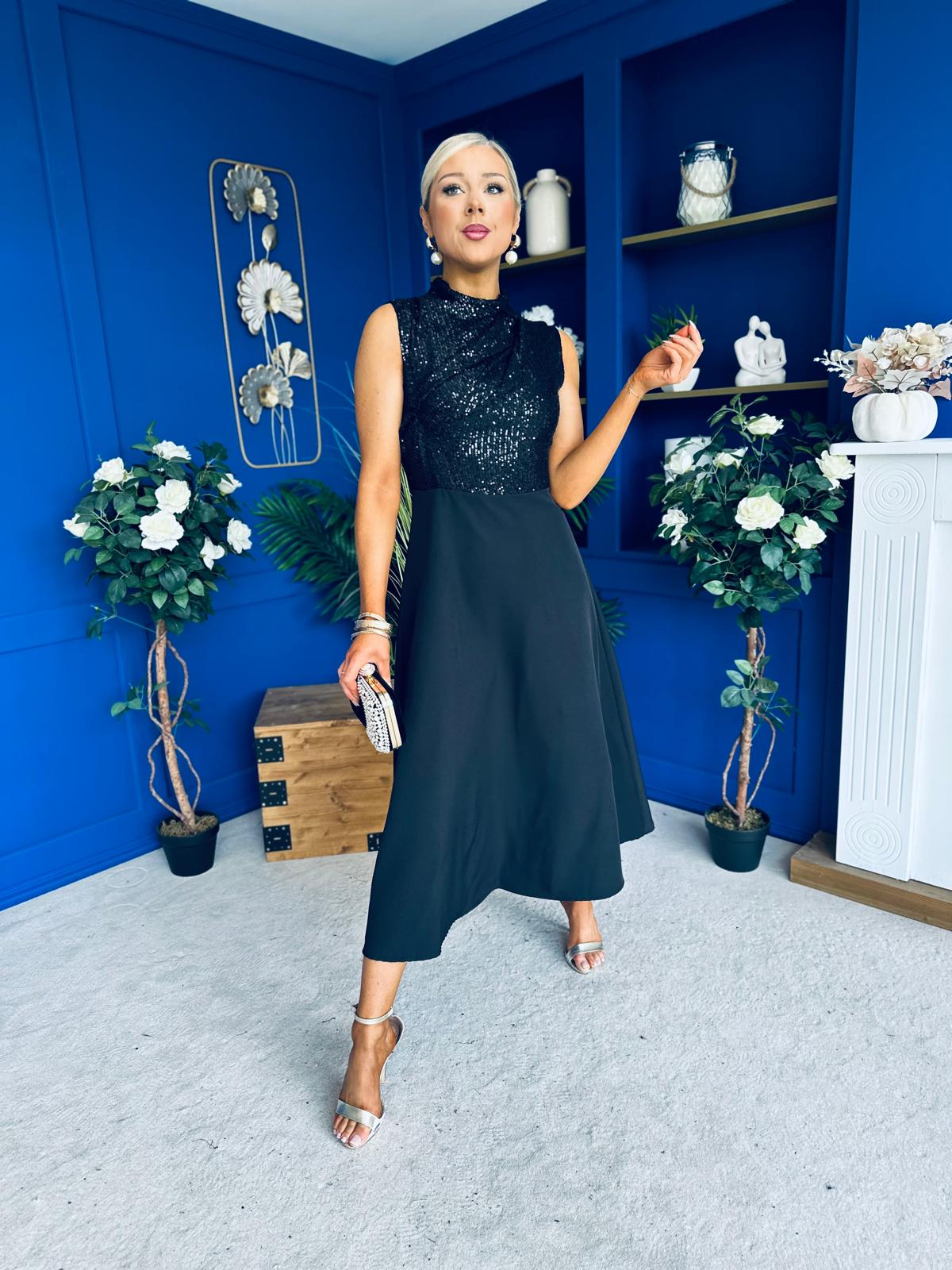 Annabel Sequin Occasion Midi Dress Black