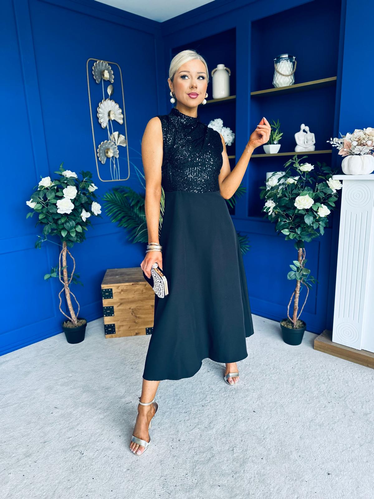 Annabel Sequin Occasion Midi Dress Black