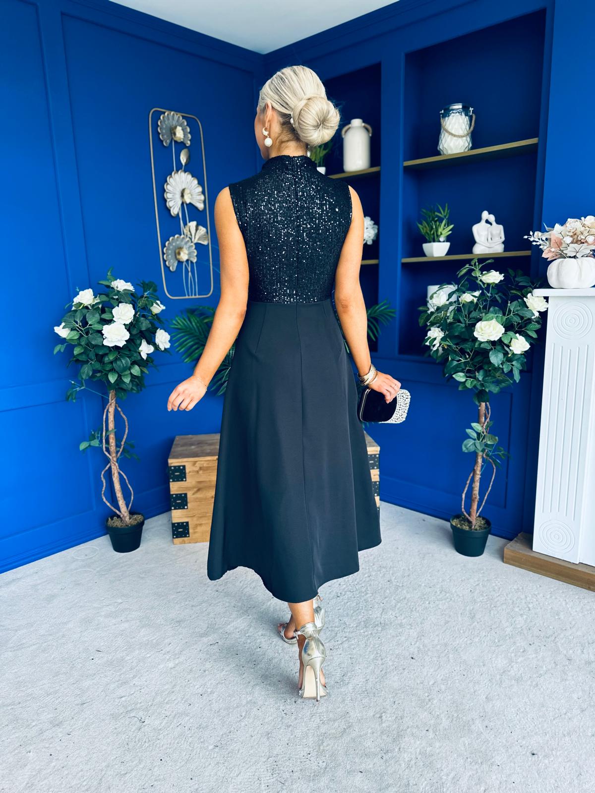 Annabel Sequin Occasion Midi Dress Black