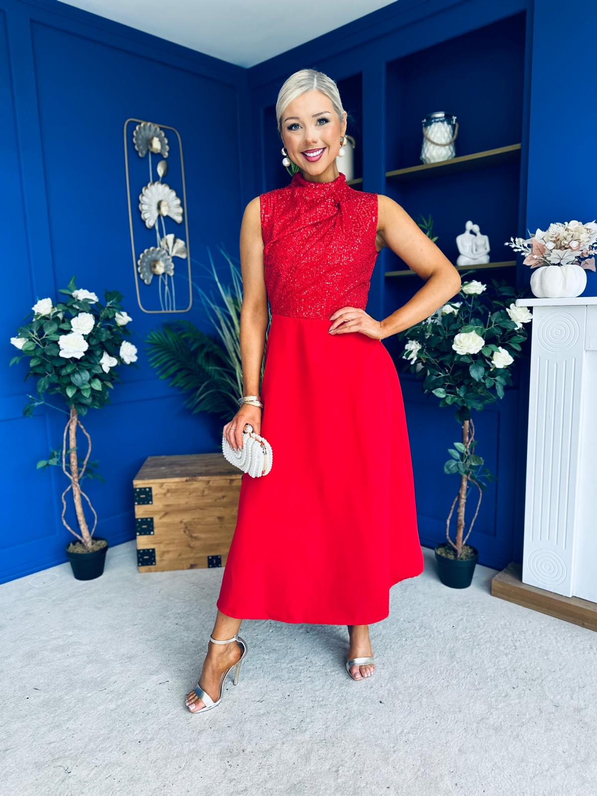 Annabel Sequin Occasion Midi Dress Red