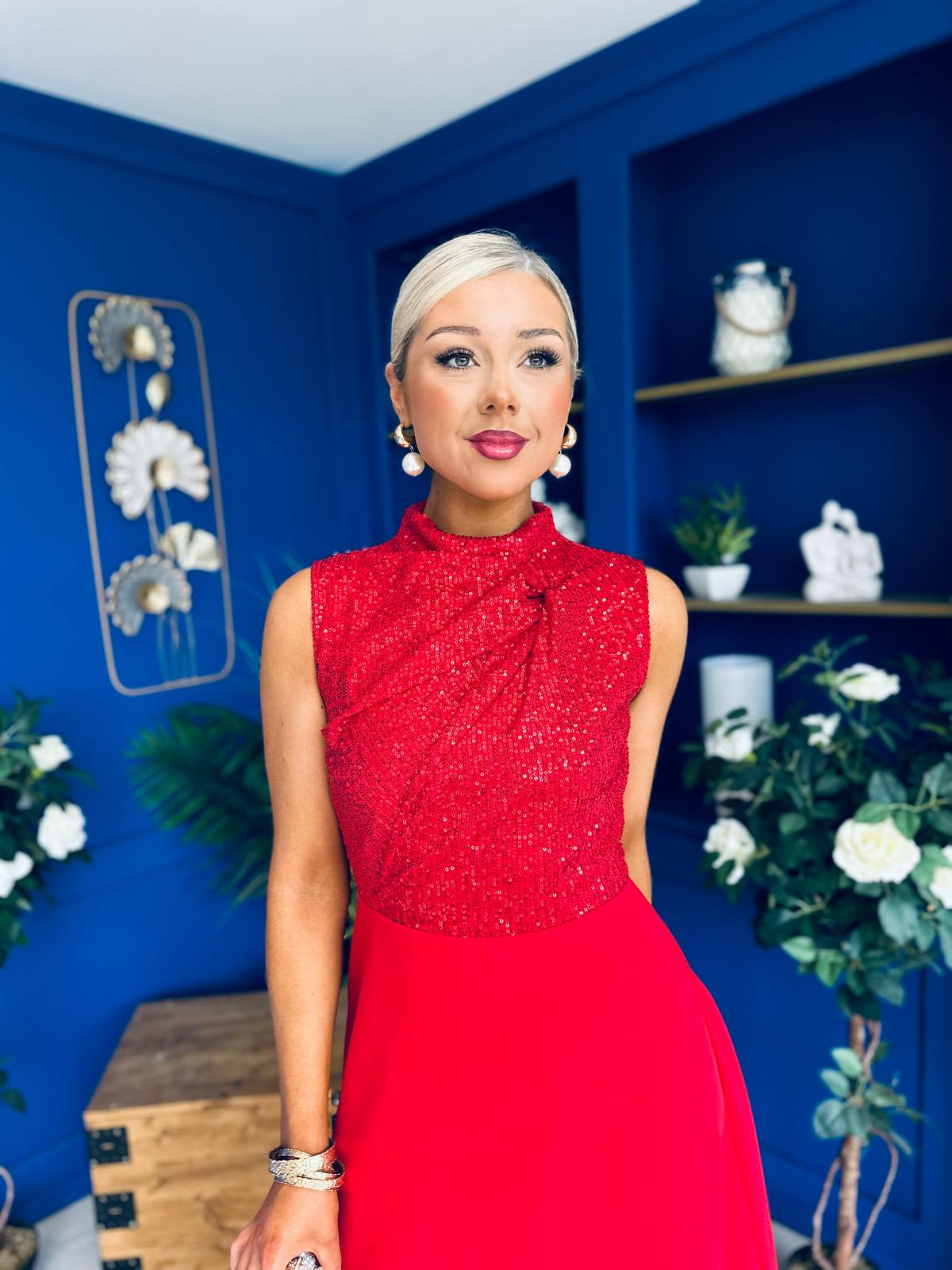 Annabel Sequin Occasion Midi Dress Red