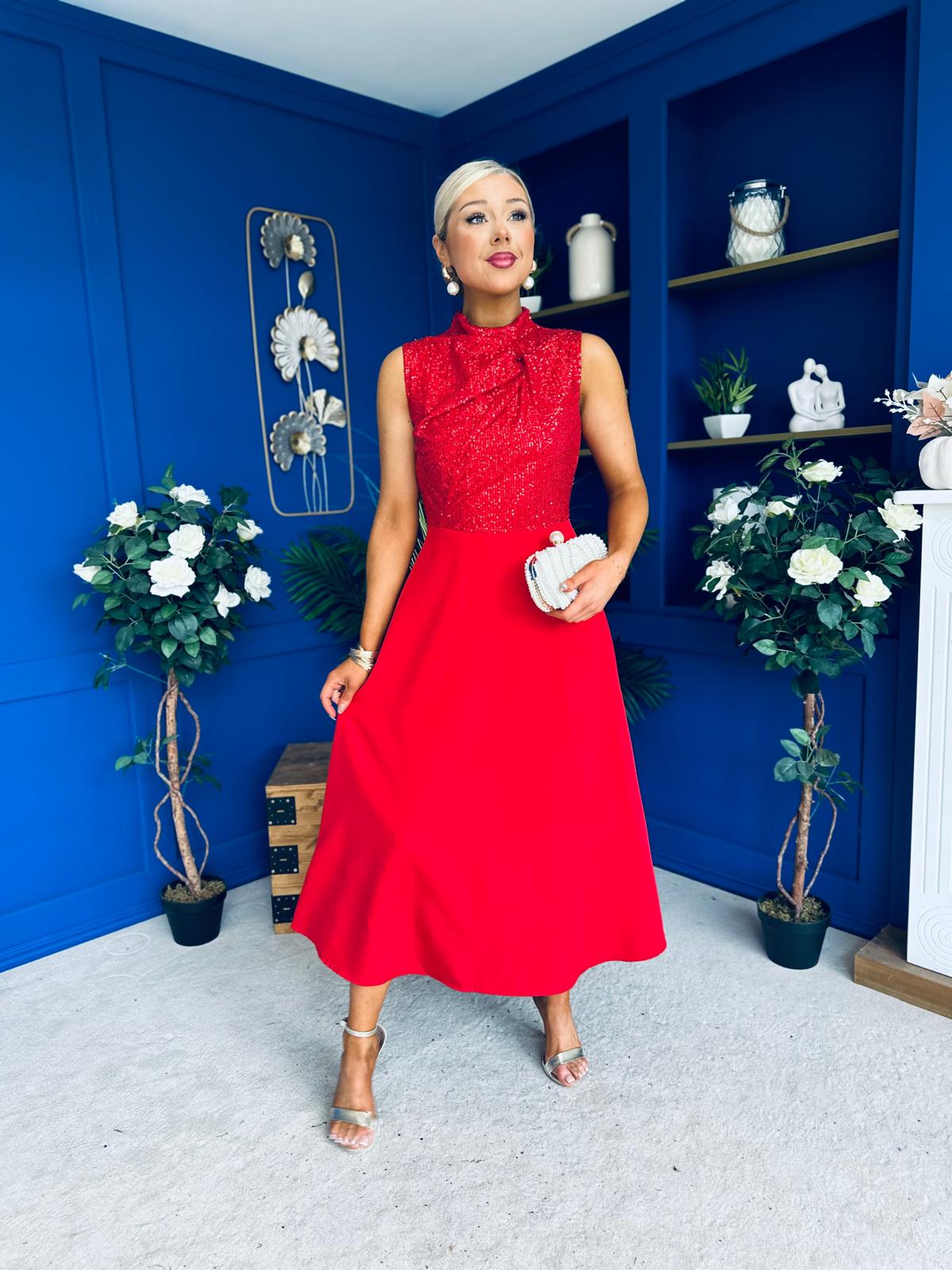 Annabel Sequin Occasion Midi Dress Red