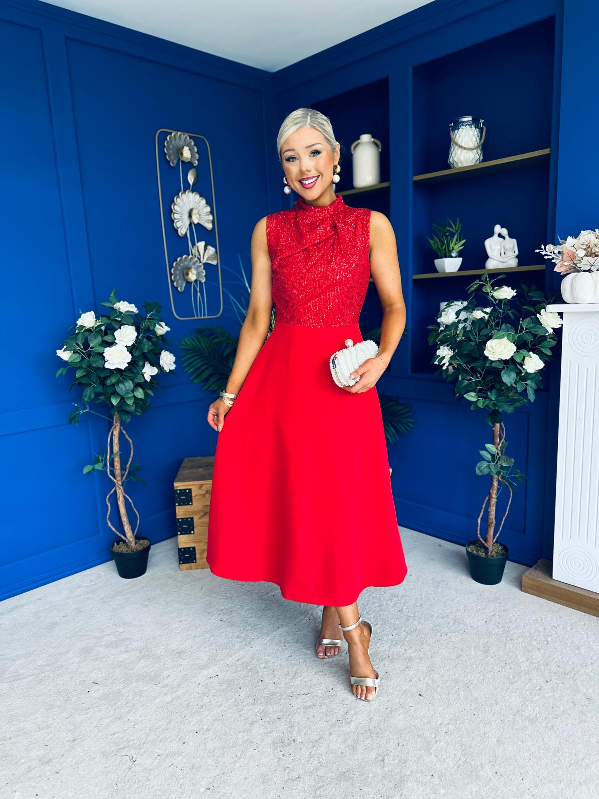 Annabel Sequin Occasion Midi Dress Red